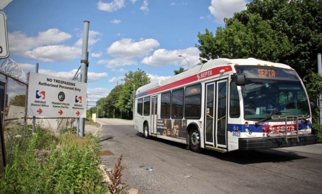 A bus leaves the Midvale depot in Nicetown, where SEPTA operates a natural gas burning generation plant.