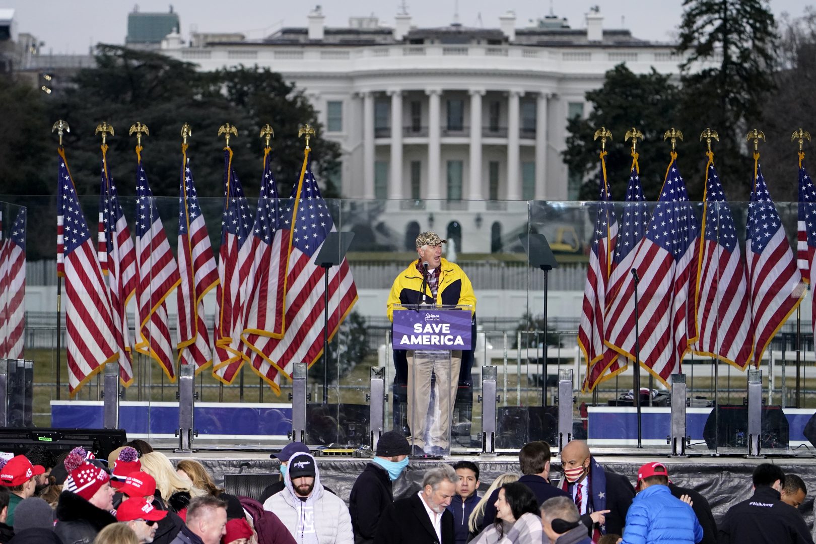 FILE PHOTO: With the White House in the background, Rep. Mo Brooks, R-Ark., speaks Wednesday, Jan. 6, 2021, in Washington, at a rally in support of President Donald Trump called the 