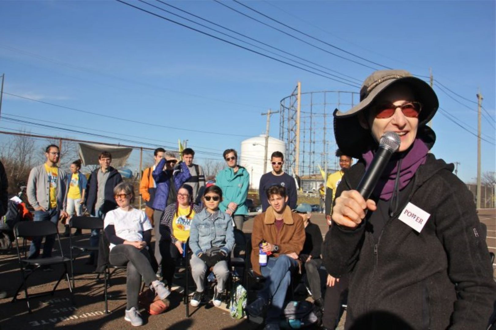 Rabbi Julie Greenberg rallies protesters during a daylong action at PES refinery in South Philadelphia. 