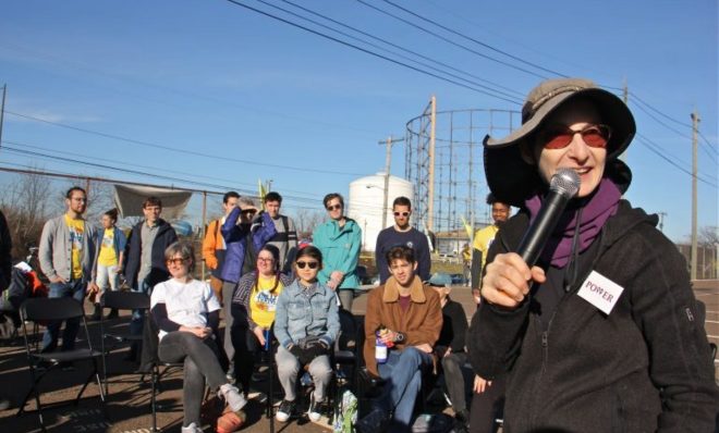 Rabbi Julie Greenberg rallies protesters during a daylong action at PES refinery in South Philadelphia. 