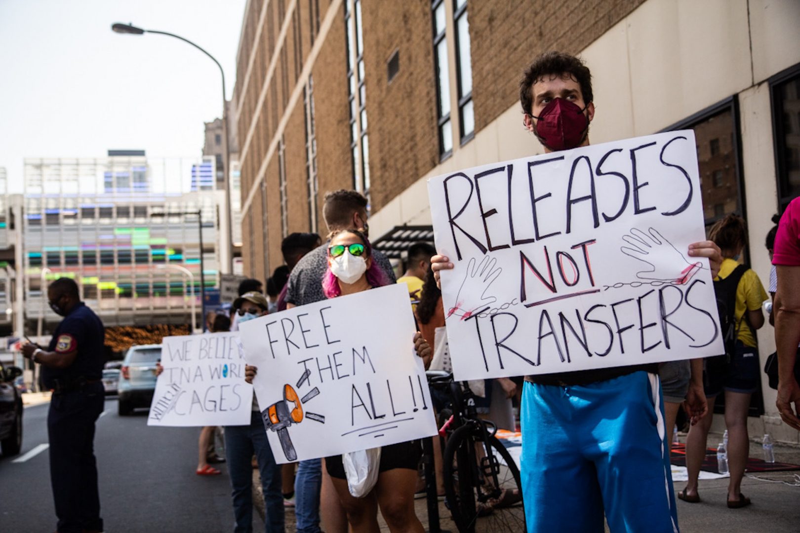 Members of immigrant advocate organizations rallied outside the ICE detention center in Philadelphia, demanding the release of detainees on Aug. 12, 2021.