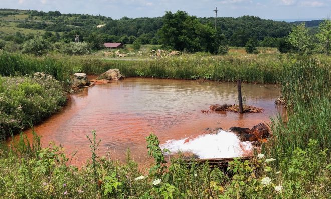 A pump draws water from an underground mine at the Flight 93 National Memorial, sending it to a series of ponds to be treated.