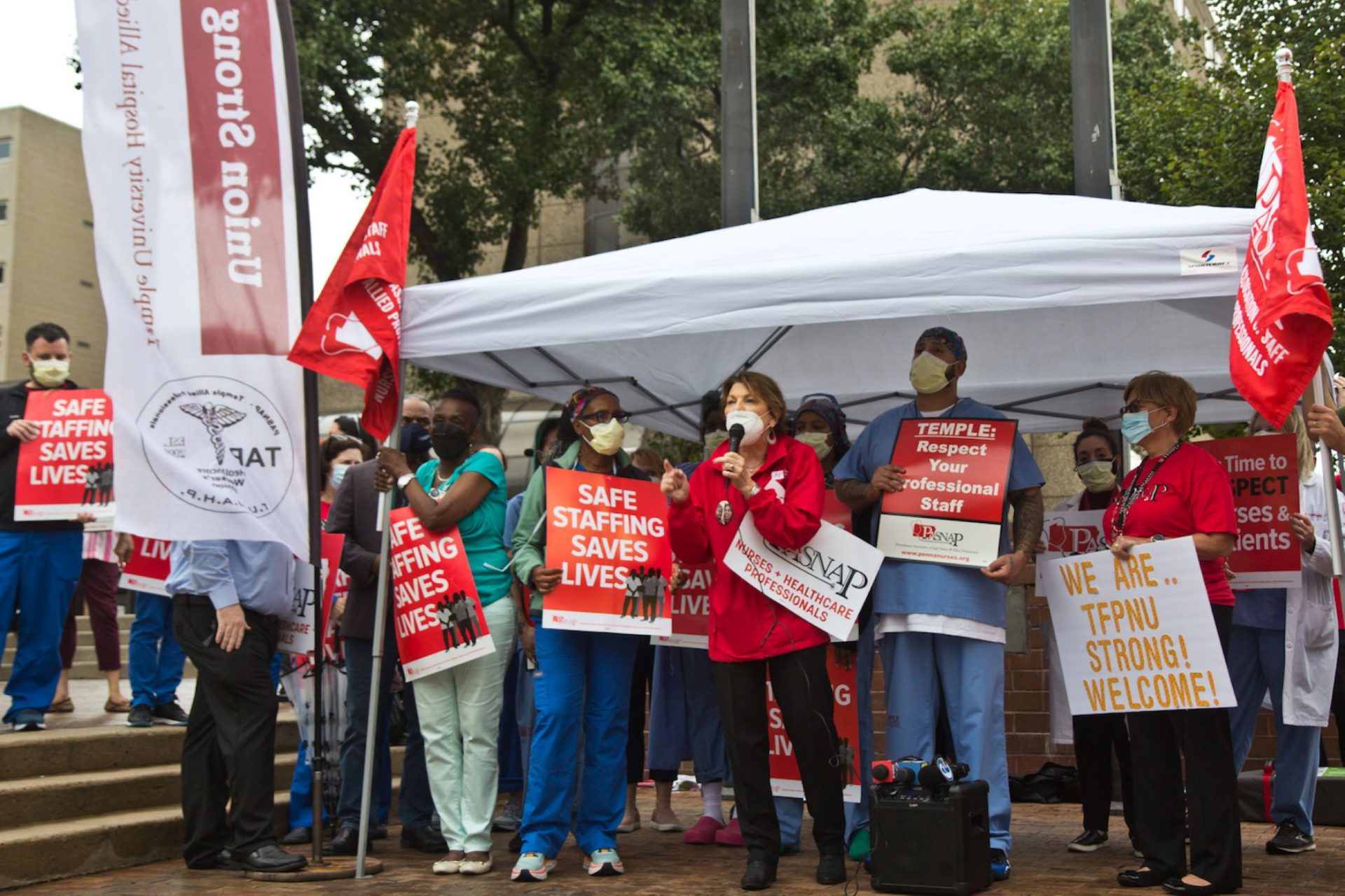 Mary Adamson, an ICU nurse, and president of the Temple University Nurses Association, led a rally for more nurse staffing and in support of the Patient Safety Act on September 23, 2021.