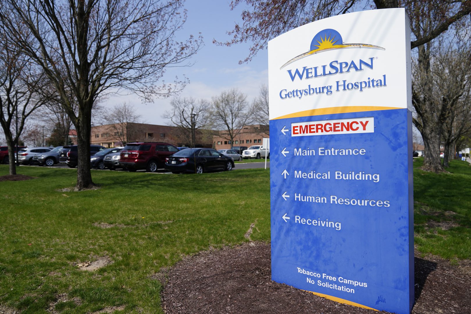 FILE PHOTO: This April 7, 2021 photo shows the WellSpan Gettysburg Hospital in Gettysburg, Pa. The health system announced Friday it will stop allowing most emergency department visitors at its Chambersburg and Waynesboro hospitals due to a flood of unvaccinated people sick with COVID-19.