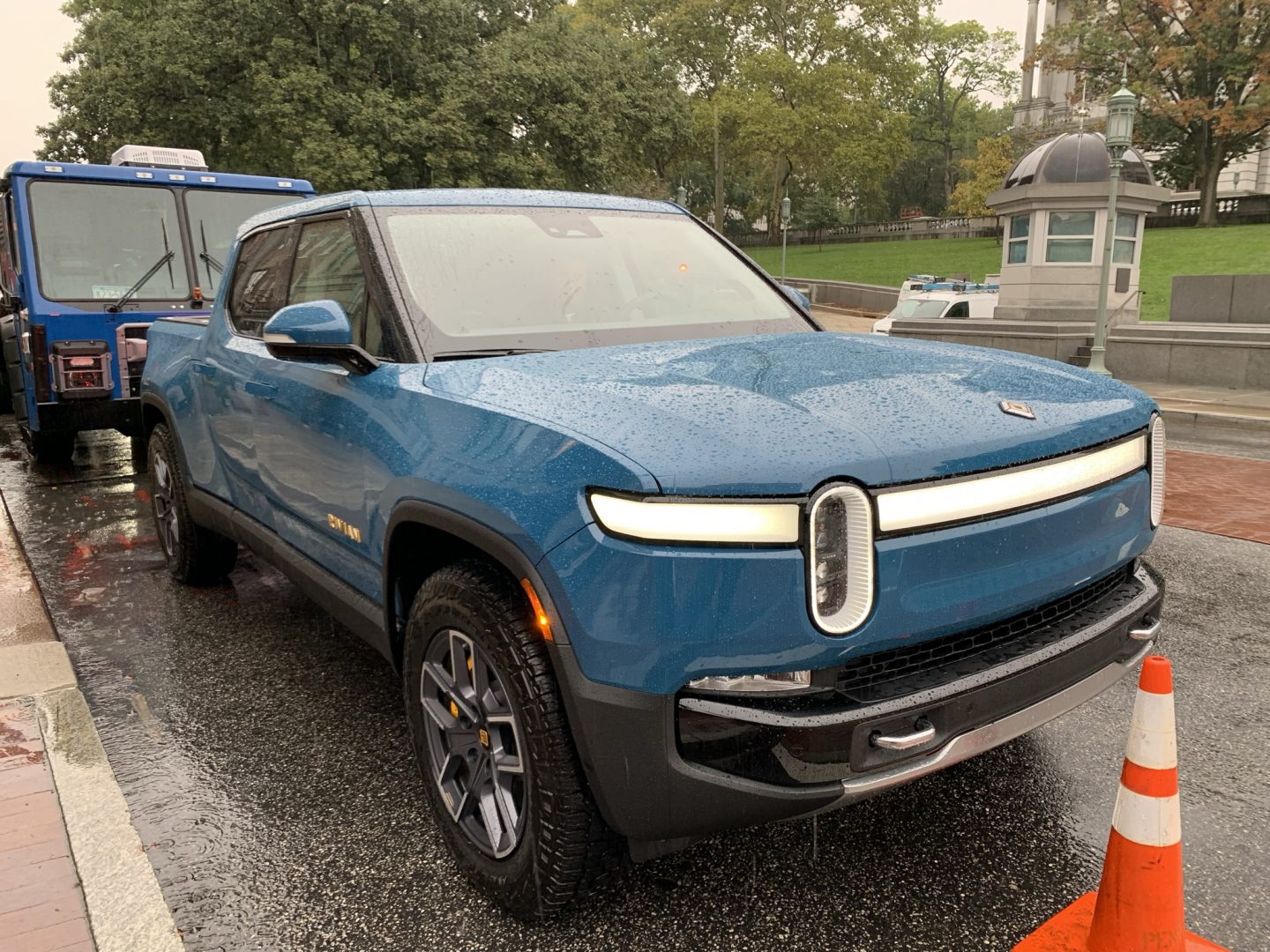 A Rivan R1T pickup is seen parked outside the state capitol on Sept. 28, 2021.