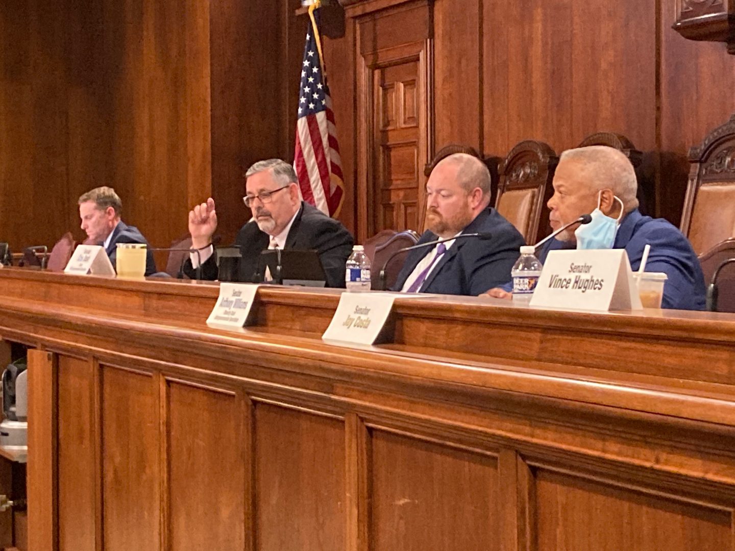 Sen. Cris Dush (R-Cameron), second from left, responds to questions raised by Sen. Anthony Williams (D-Delaware), right, during a state Senate Intergovernmental Operations Committee hearing on investigating the 2020 and 2021 elections on Sept. 9, 2021.