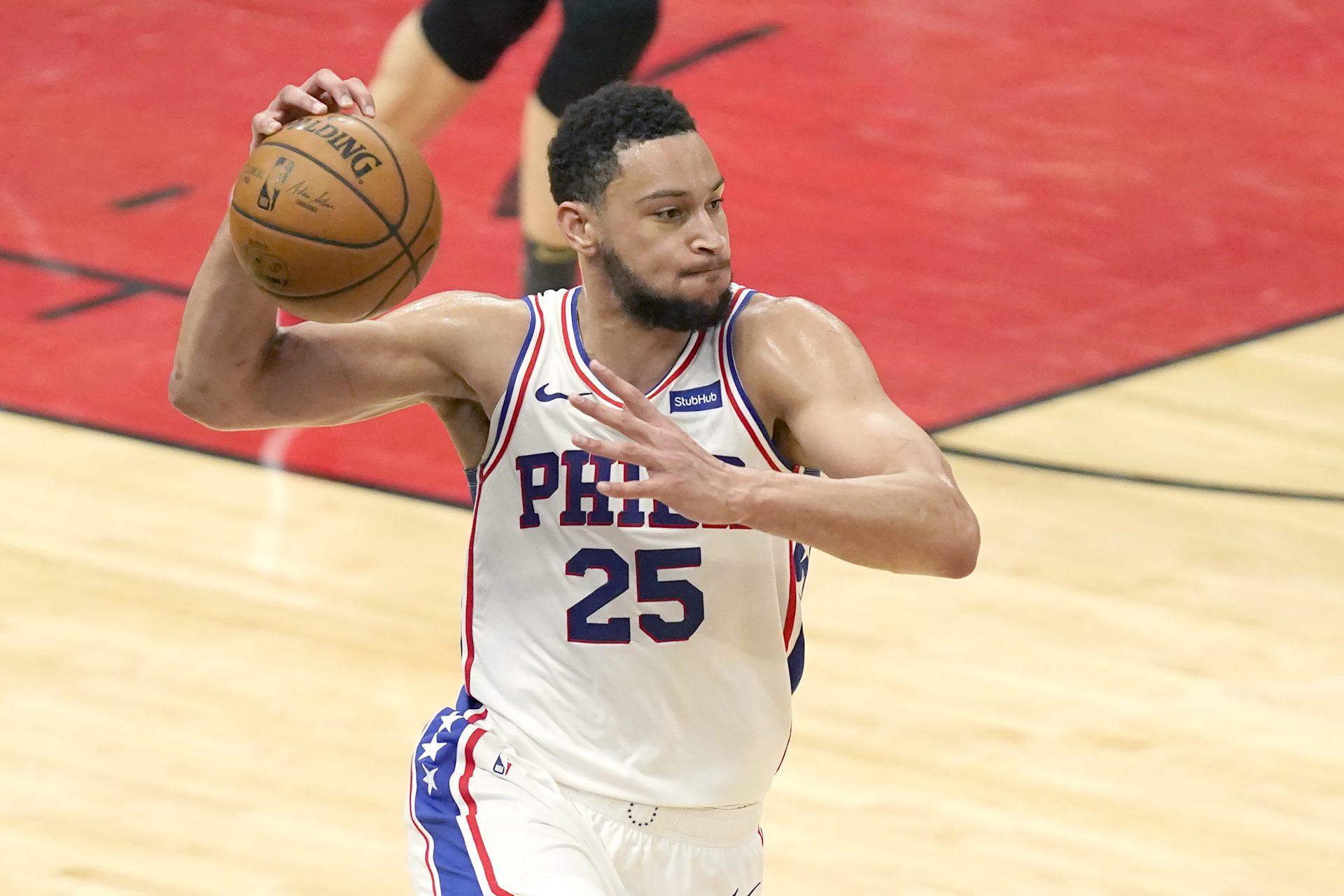 In this May 3, 2021, file photo, Philadelphia 76ers' Ben Simmons looks to pass during the second half of an NBA basketball game against the Chicago Bulls in Chicago.