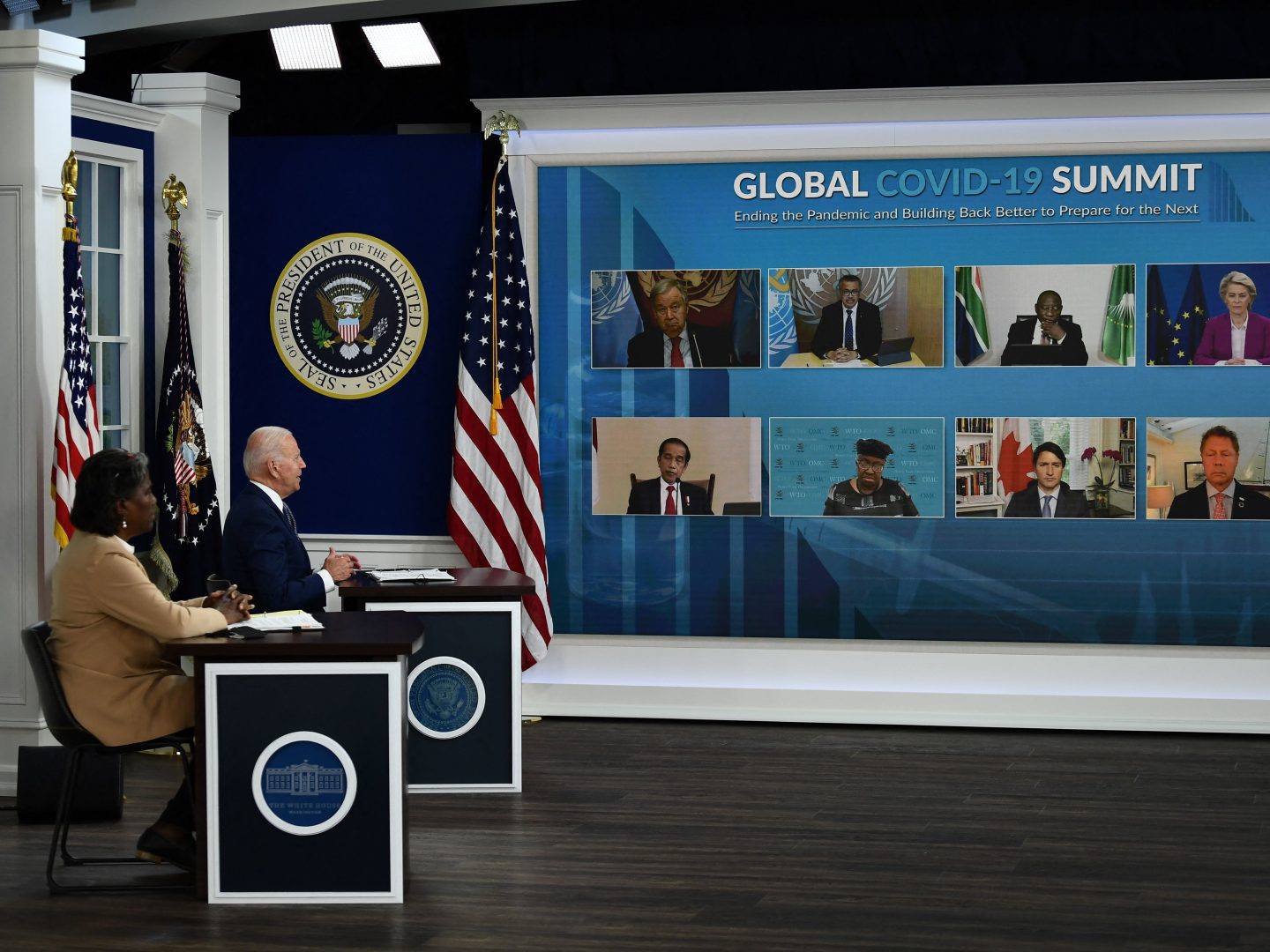 President Biden and U.N. Ambassador Linda Thomas-Greenfield talk to world leaders during a virtual summit on the pandemic.