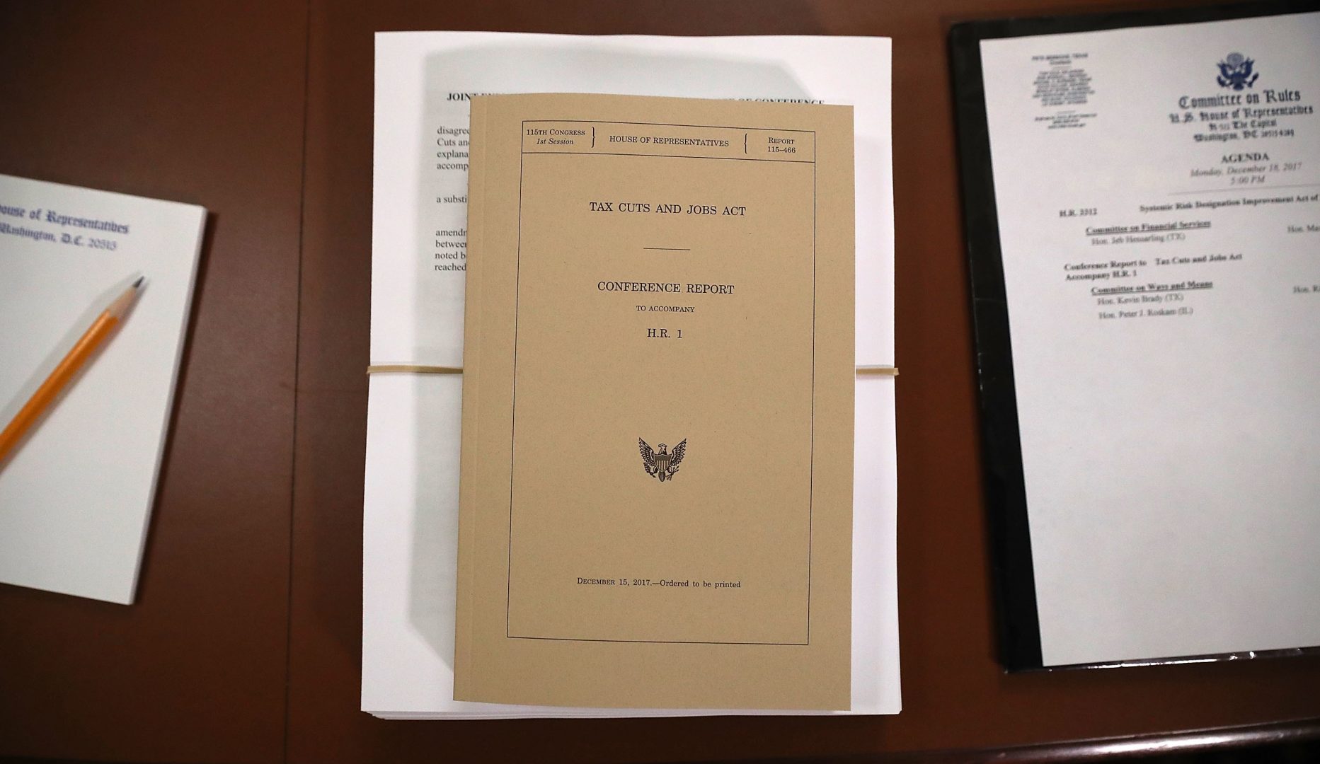 A copy of the Tax Cuts and Jobs Act conference report sits at the U.S. Capitol on Dec. 18, 2017. The legislation was passed using the budget reconciliation process.
