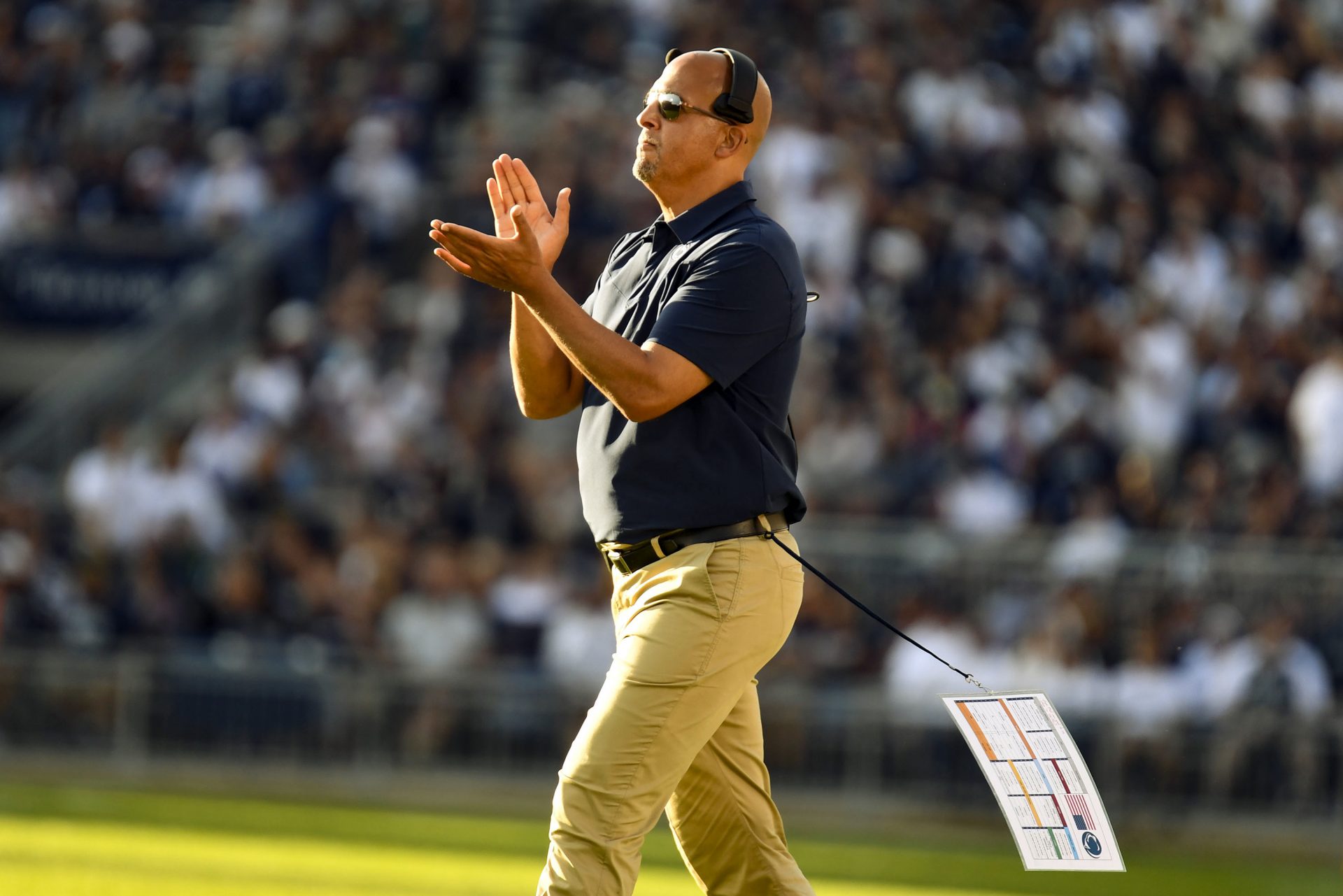 Penn State head coach James Franklin celebrates a score against Ball State during an NCAA college football game in State College, Pa., on Saturday, Sept. 11, 2021.