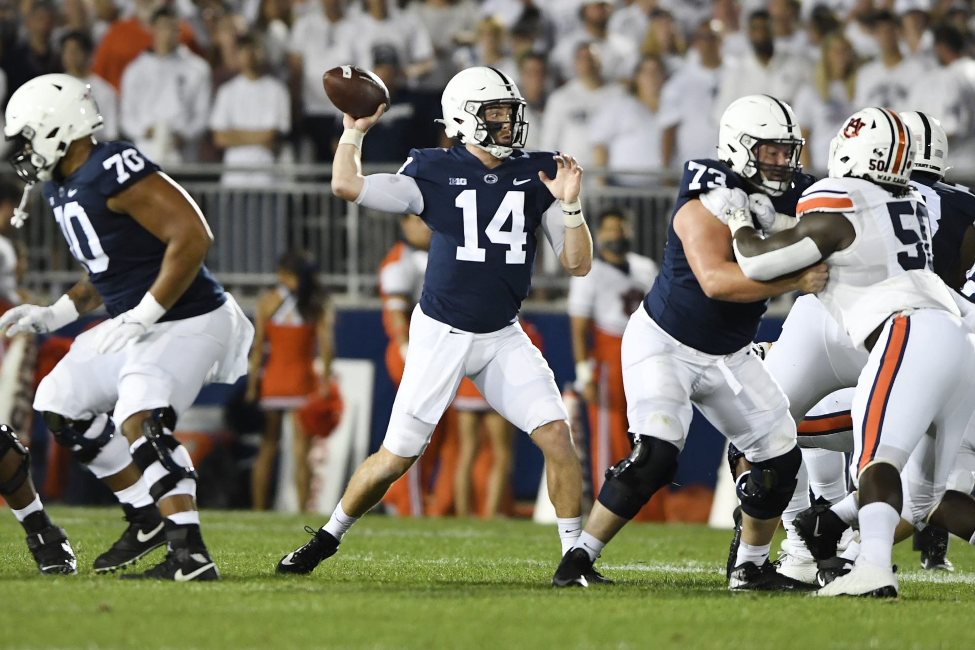 Penn State quarterback Sean Clifford (14) passes during an NCAA college football game against Auburn in State College, Pa., on Saturday, Sept. 18, 2021.