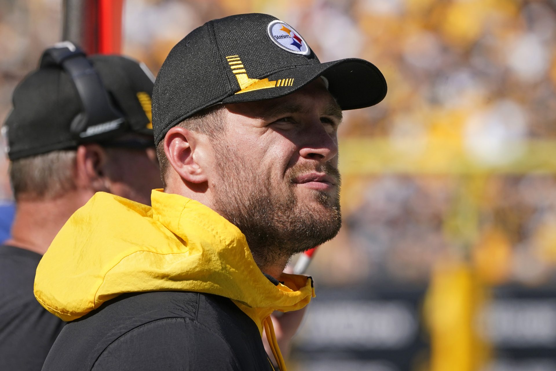 Pittsburgh Steelers outside linebacker T.J. Watt stands on the sidelines after being injured during the second half of an NFL football game against the Las Vegas Raiders, in Pittsburgh, Sunday, Sept. 19, 2021.