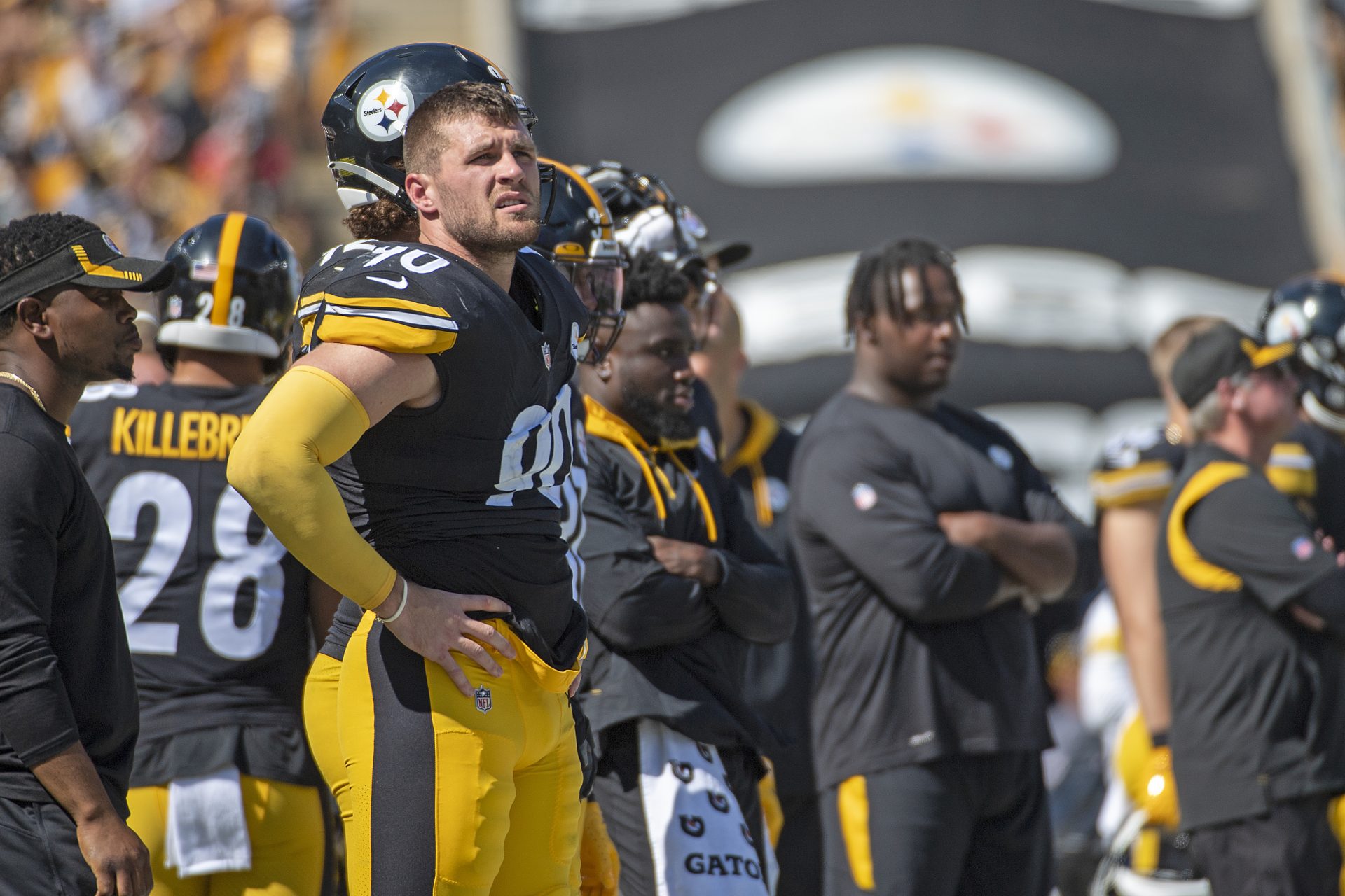 Pittsburgh Steelers outside linebacker T.J. Watt stands on the sidelines after being injured during the first half of an NFL football game against the Las Vegas Raiders, Sunday, Sept. 19, 2021, in Pittsburgh.