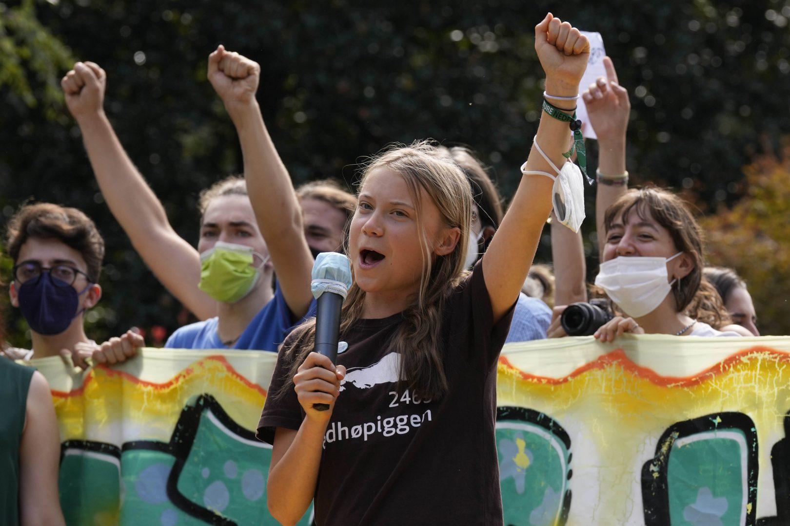 Climate activist, Greta Thunberg, of Sweden, delivers her speech during a Fridays for Future demonstration in Milan, Italy, Friday, Oct. 1, 2021.