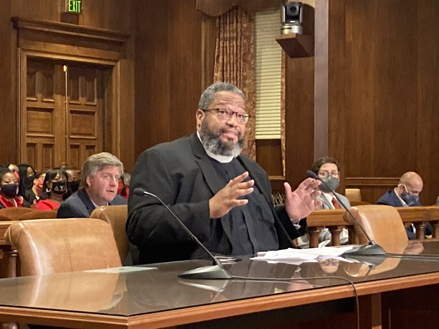 Bishop Dwayne Royster, executive director of Interfaith advocacy group POWER in Philadelphia, testifies during a Legislative Reapportionment Commission meeting on Oct. 13