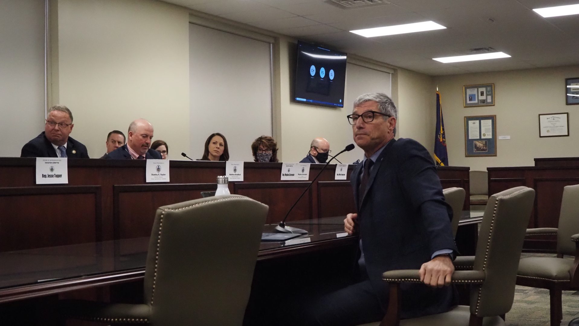 State System of Higher Education Daniel Greenstein is questioned by lawmakers of the House Appropriations and Education committees at a hearing in Harrisburg on Oct. 27, 2021