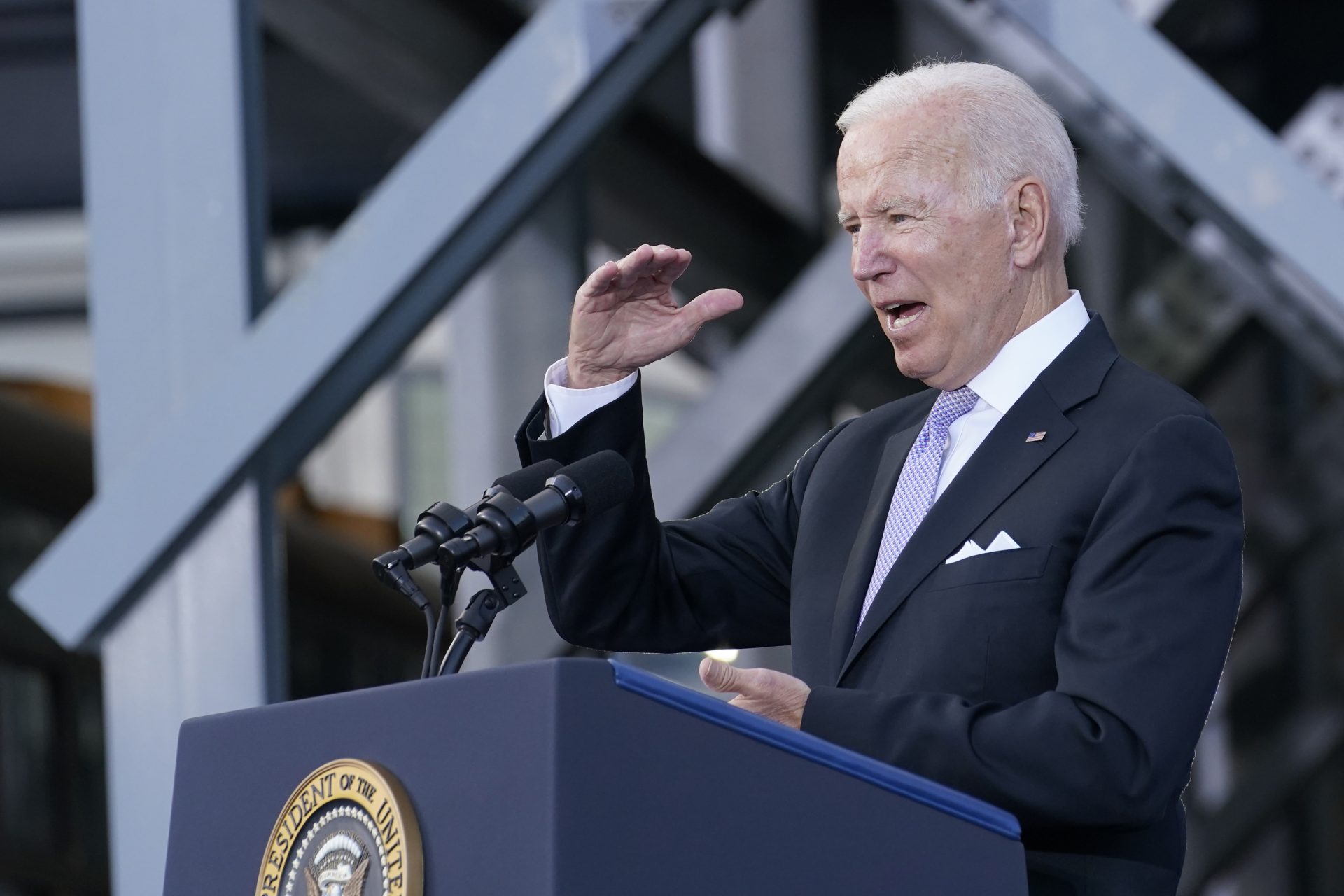 President Joe Biden speaks about his infrastructure plan and his domestic agenda during a visit to the Electric City Trolley Museum in Scranton, Pa., Wednesday, Oct. 20, 2021.