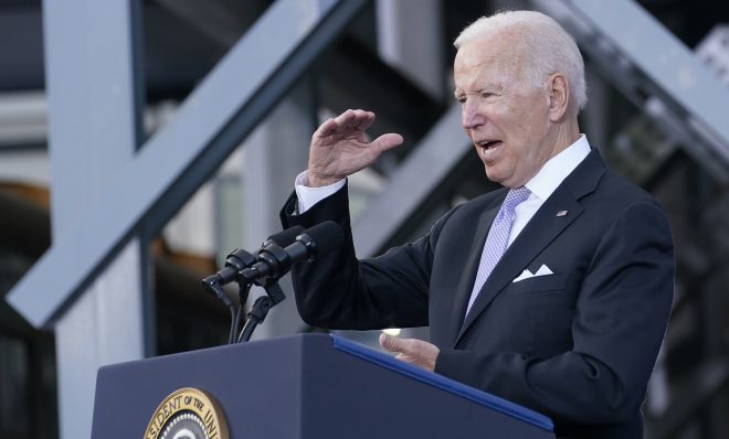 President Joe Biden speaks about his infrastructure plan and his domestic agenda during a visit to the Electric City Trolley Museum in Scranton, Pa., Wednesday, Oct. 20, 2021. (AP Photo/Susan Walsh)