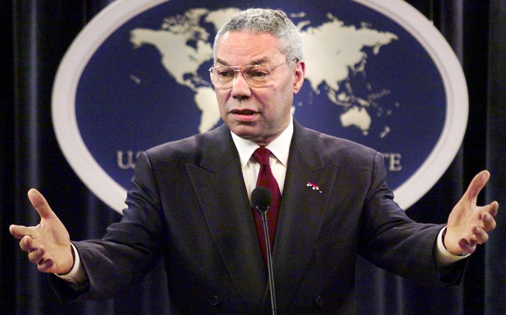 In this May 21, 2001, file photo, Secretary of State Colin Powell talks with reporters during a news conference at the Department of State in Washington. Powell, who also served as chairman of the Joint Chiefs, has died from COVID-19 complications, his family said Monday, Oct. 18, 2021.