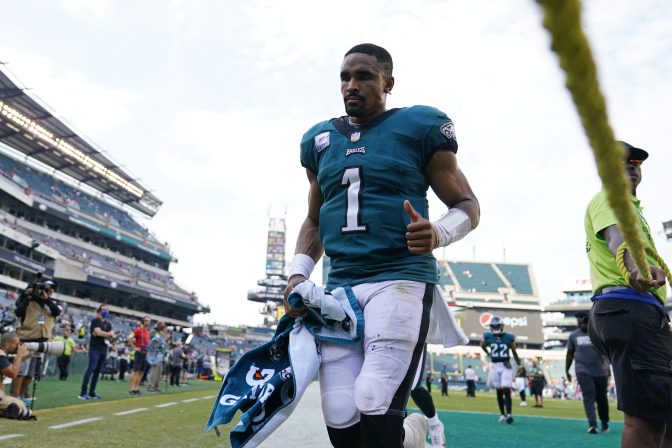 Philadelphia Eagles quarterback Jalen Hurts leaves the field after an NFL football game against the Kansas City Chiefs on Sunday, Oct. 3, 2021, in Philadelphia.