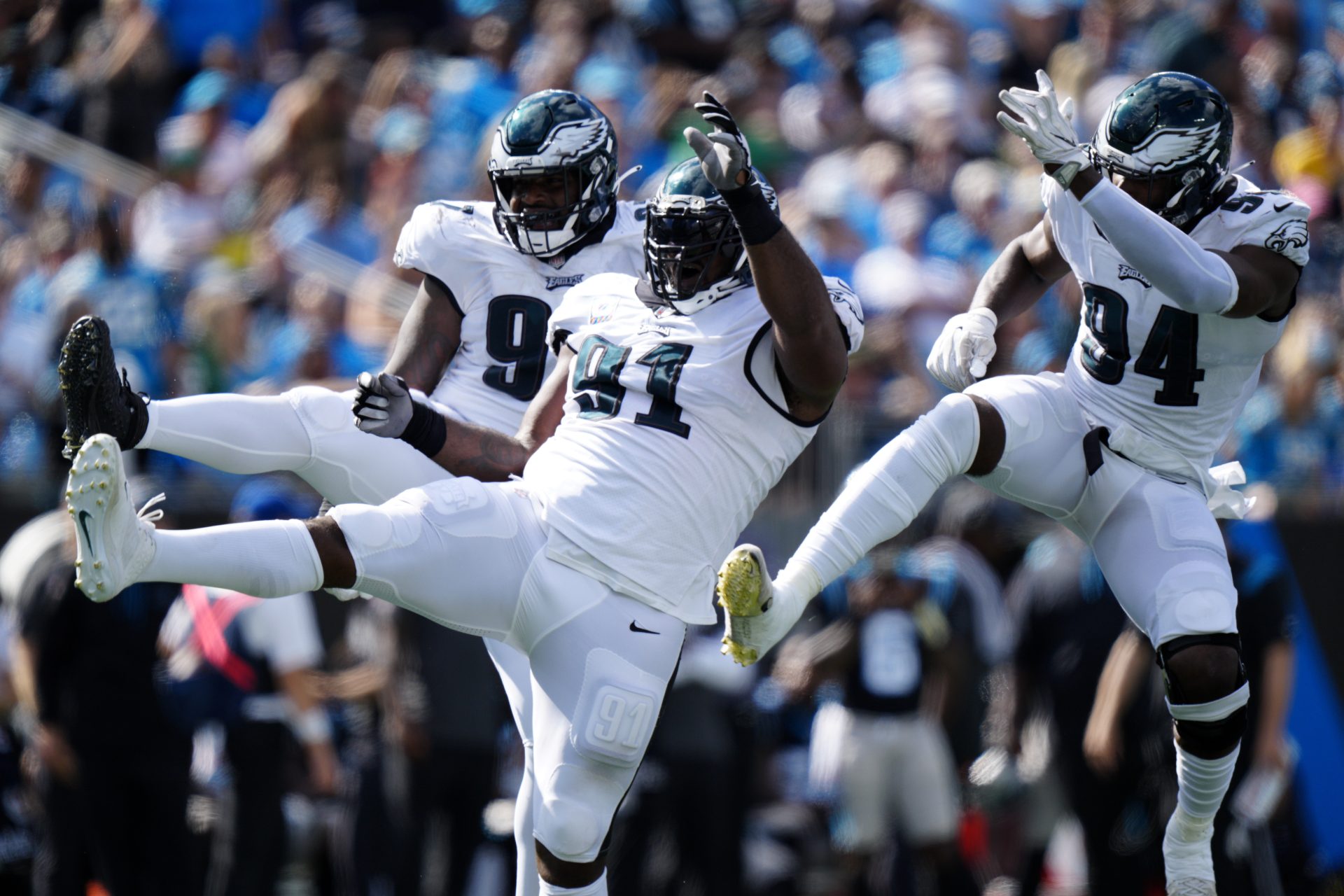 Philadelphia Eagles defensive tackle Fletcher Cox celebrates after a sack against the Carolina Panthers during the second half of an NFL football game Sunday, Oct. 10, 2021, in Charlotte, N.C.