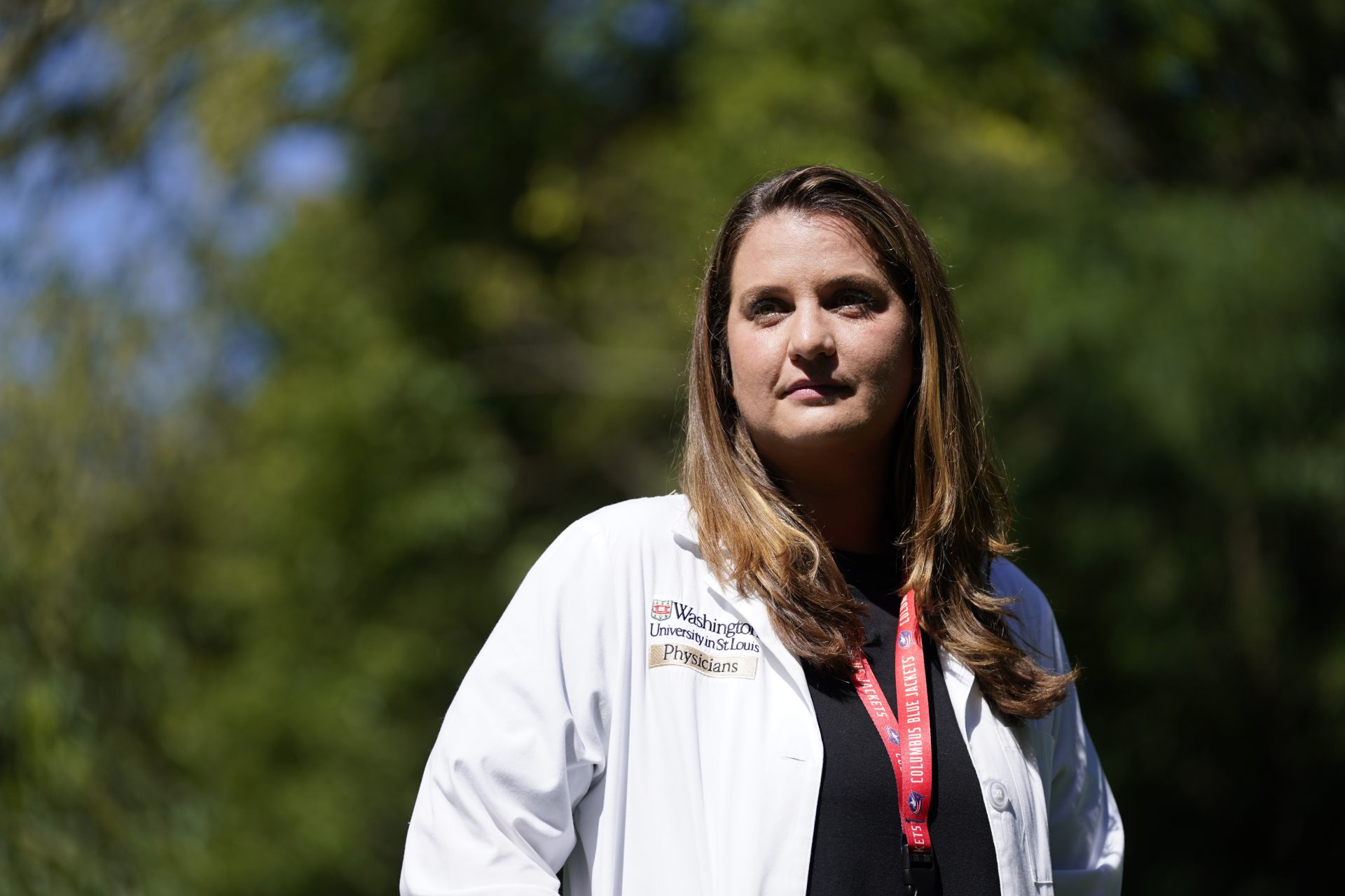 Dr. Lindsay Clukies poses for a portrait outside St. Louis Children's Hospital, where she is an emergency room doctor, Thursday, Sept. 16, 2021, in St. Louis.