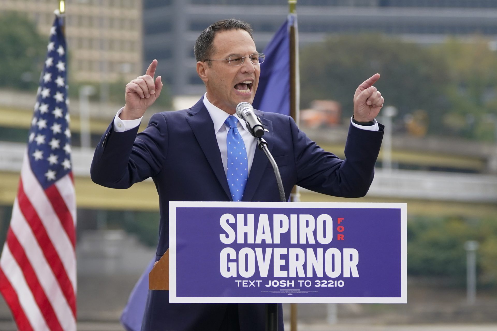 In this Oct. 13, 2021 file photo, Pennsylvania's Democratic attorney general Josh Shapiro speaks to a crowd during his campaign launch address for Pennsylvania governor, in Pittsburgh.