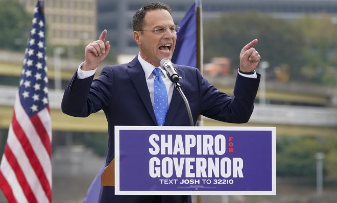 In this Oct. 13, 2021 file photo, Pennsylvania's Democratic attorney general Josh Shapiro speaks to a crowd during his campaign launch address for Pennsylvania governor, in Pittsburgh. Shapiro, has just over $10 million on hand in his campaign account ahead of next year's election, his campaign said. Shapiro's campaign finances have been a hot topic of speculation by insiders, given his reputation as a formidable fundraiser, and the disclosures come three months before the Jan. 31 deadline for gubernatorial campaigns to report year-end finances to the state. 