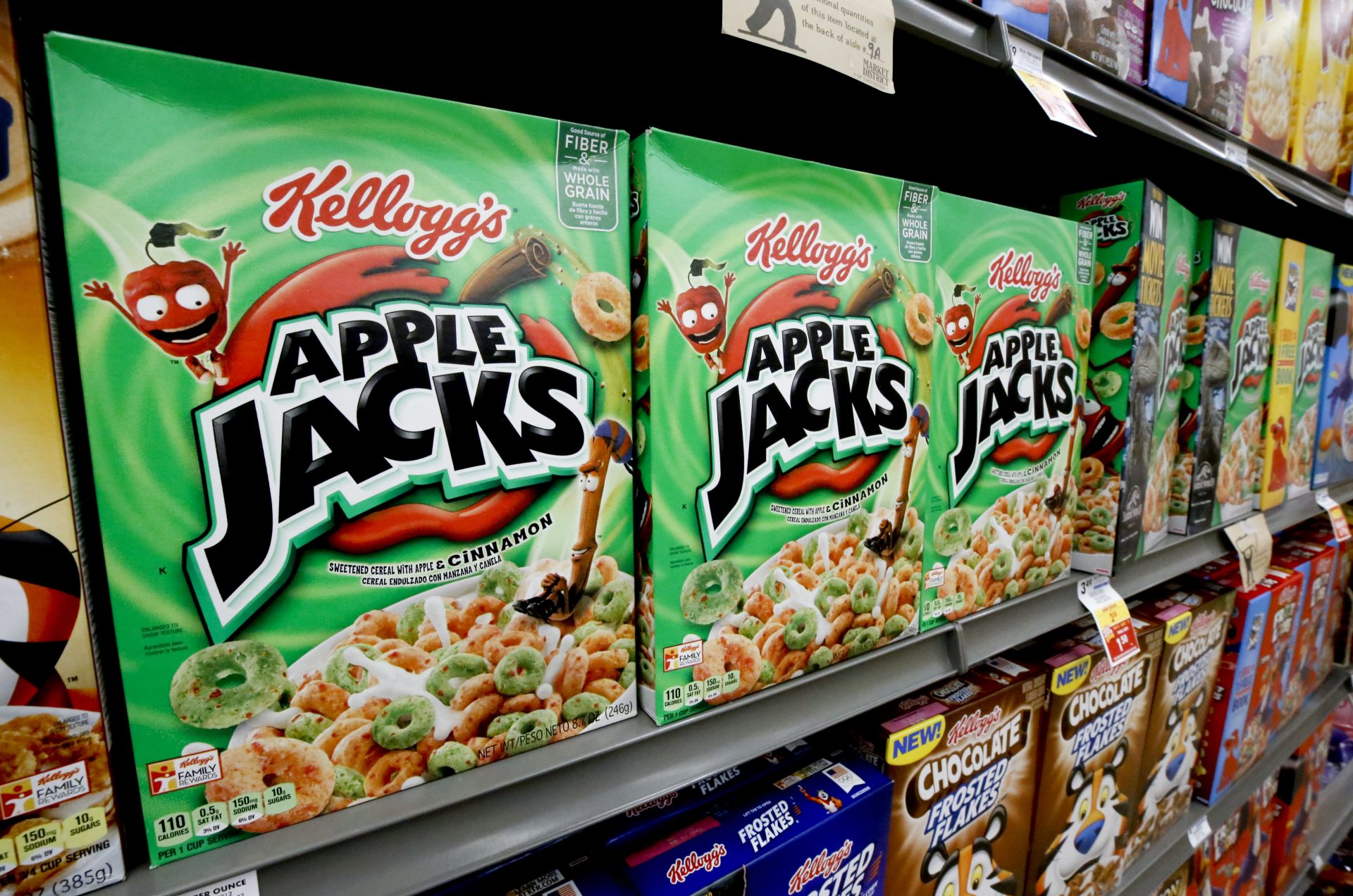 Boxes of Kellogg's Apple Jacks cereal sit on display in a market in Pittsburgh, Wednesday, Aug. 8, 2018.