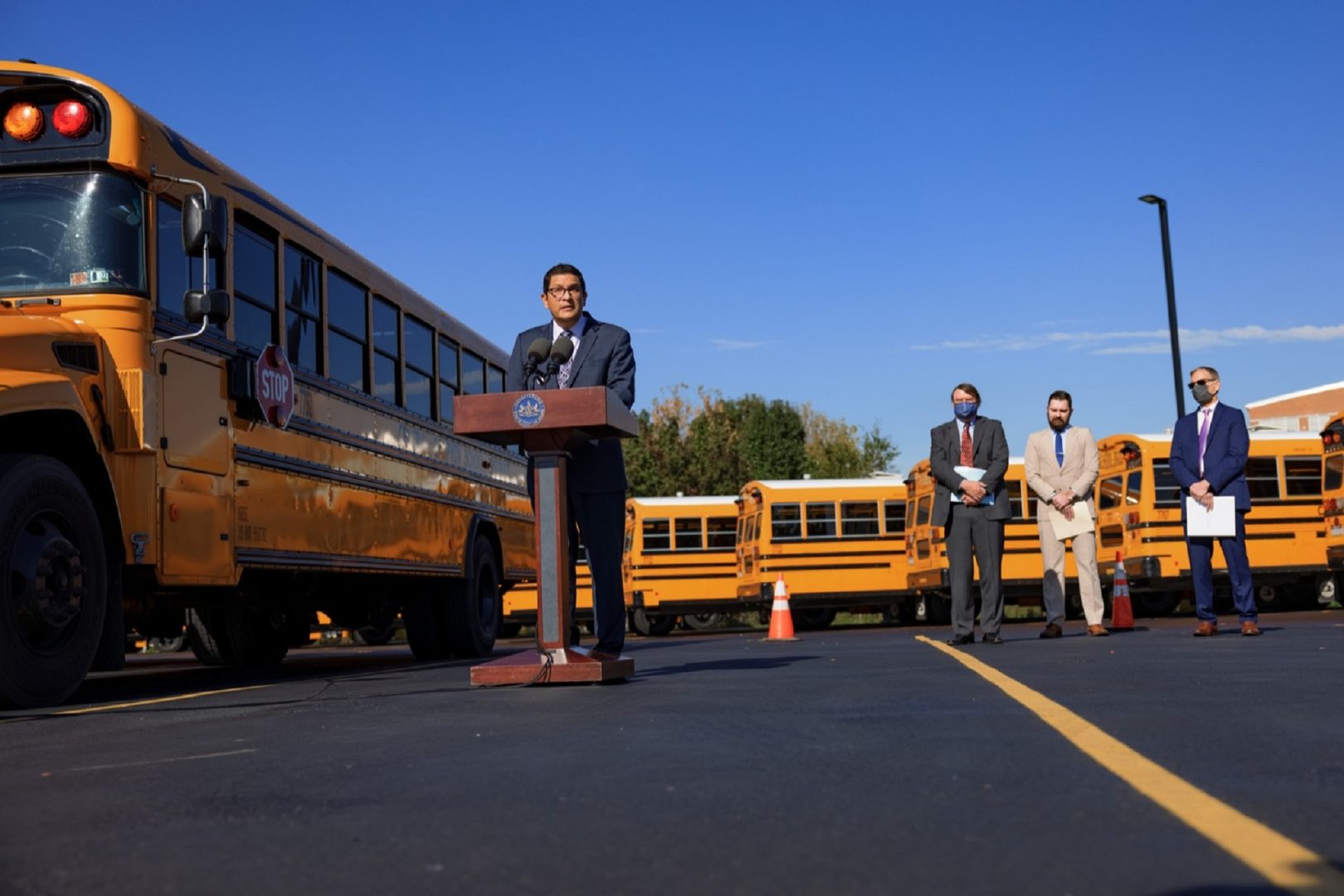 Pennsylvania Department of Education (PDE) Secretary Dr. Noe Ortega speaks during a press conference, which encouraged interested individuals to obtain Commercial Driver’s License to address bus driver shortage in Pennsylvania, on Thursday, October 21, 2021.