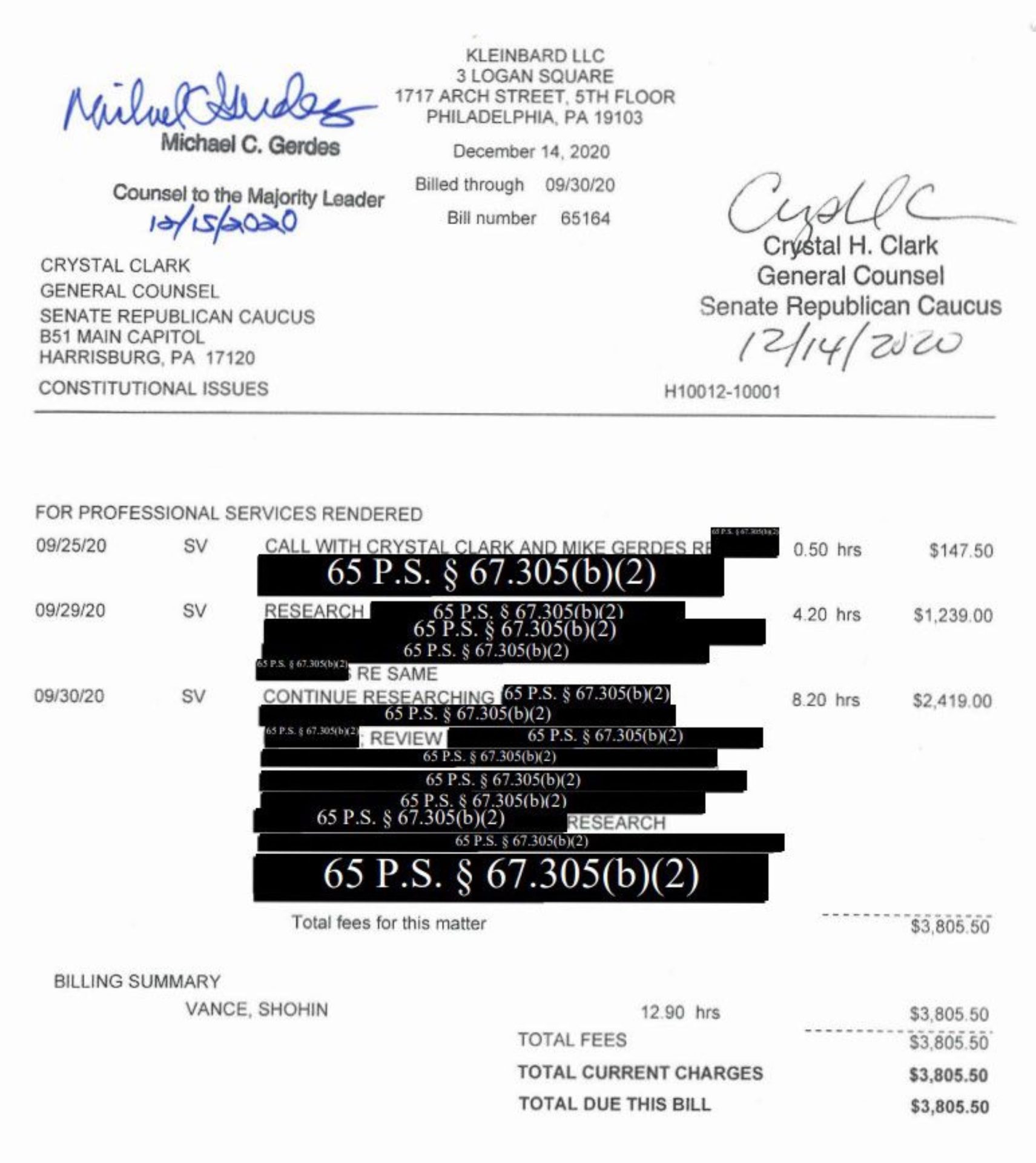 Despite a state Supreme Court ruling, the Pennsylvania legislature routinely redacts details on legal invoices and other documents. In this example, lawyers for Senate Republicans blacked out much of the information on a bill from the law firm Kleinbard.