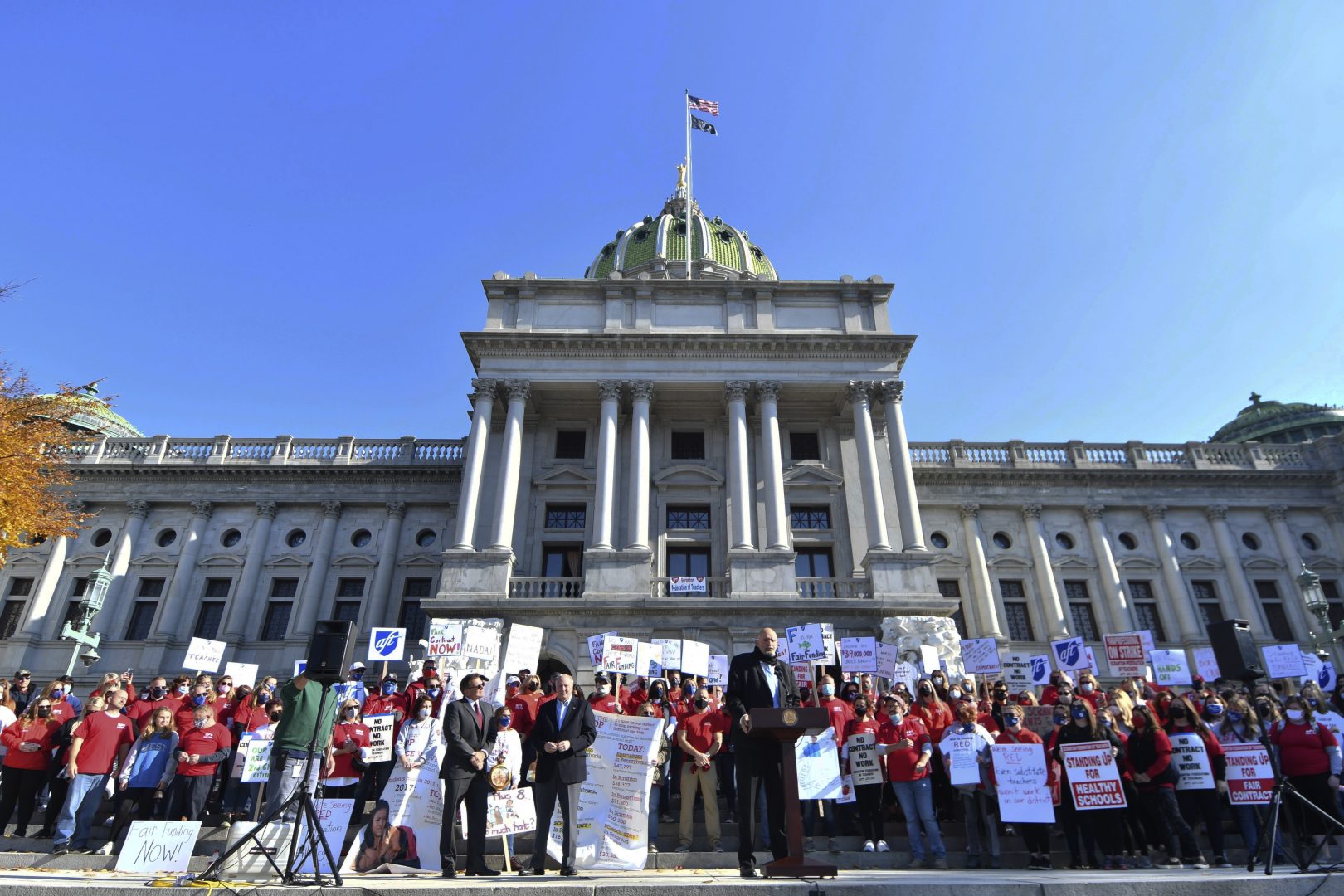 Lt. Gov. John Fetterman speaks at a rally of the striking Scranton Federation of Teachers at the Pennsylvania Capitol, Wednesday, Nov. 10, 2021, in Harrisburg, Pa. Fetterman was joined by labor leaders and other Democratic office holders at the rally. (AP Photo/Marc Levy)