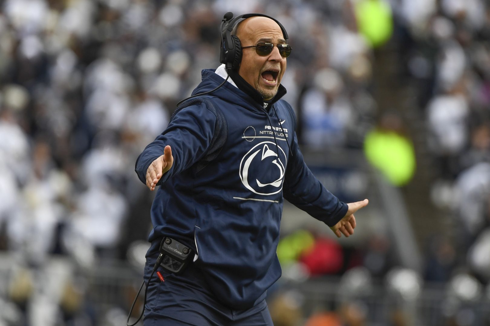 Penn State coach James Franklin reacts during the team's NCAA college football game against Rutgers in State College, Pa., Saturday, Nov. 20, 2021. Penn State won 28-0. (AP Photo/Barry Reeger)