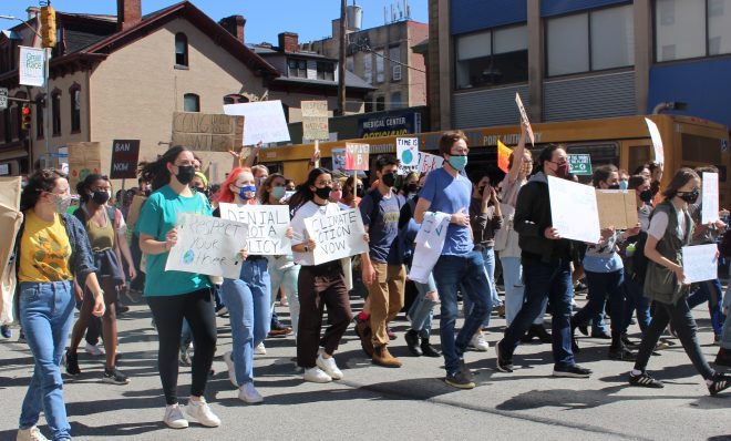 The student climate strike on September 24, 2021 in Pittsburgh brought out more than 150 young people. Experts say this kind of action can help people who are anxious about the climate crisis.  
