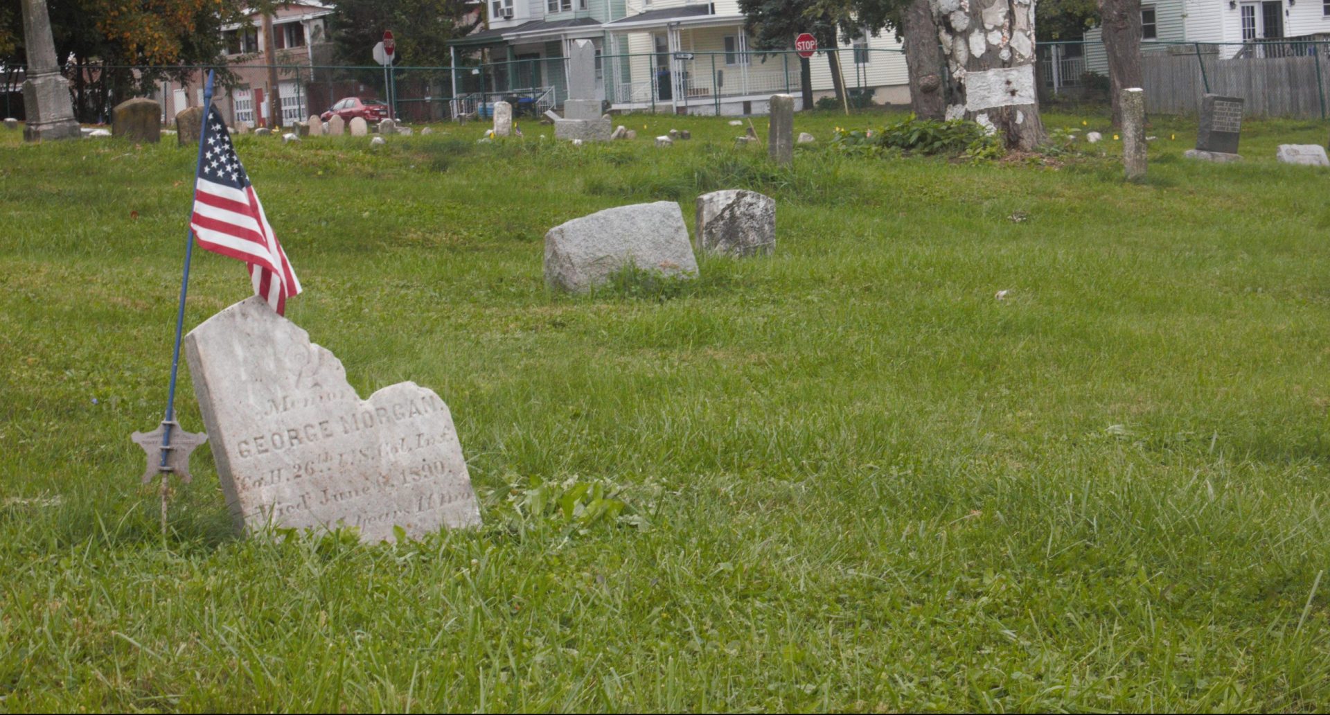 Broken gravestone of Black Civil War soldier at Lincoln Cemetery.