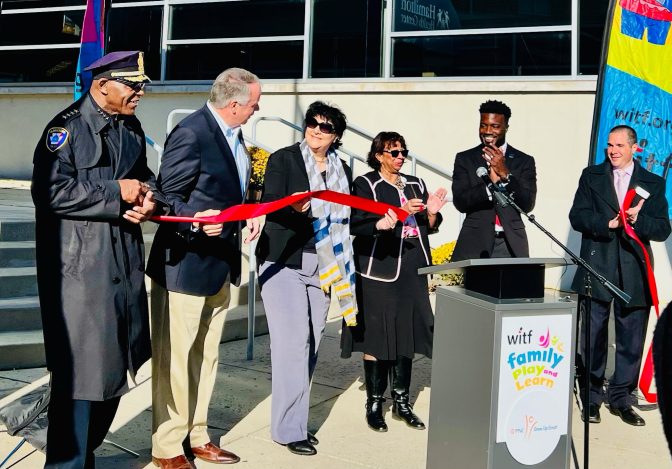 Harrisburg Police Commissioner Thomas Carter, Jim Hoehn of PNC Bank, Gloria Merrick of Latino Hispanic American Community Center, Jeannine Peterson of Hamilton Health Center, Blake Lynch of WITF and Ron Hetrick of WITF participated the ribbon-cutting ceremony for the launch of the new WITF Family Play and Learn, funded through a grant from the PNC Foundation, at Hamilton Health Center on November 3, 2021.