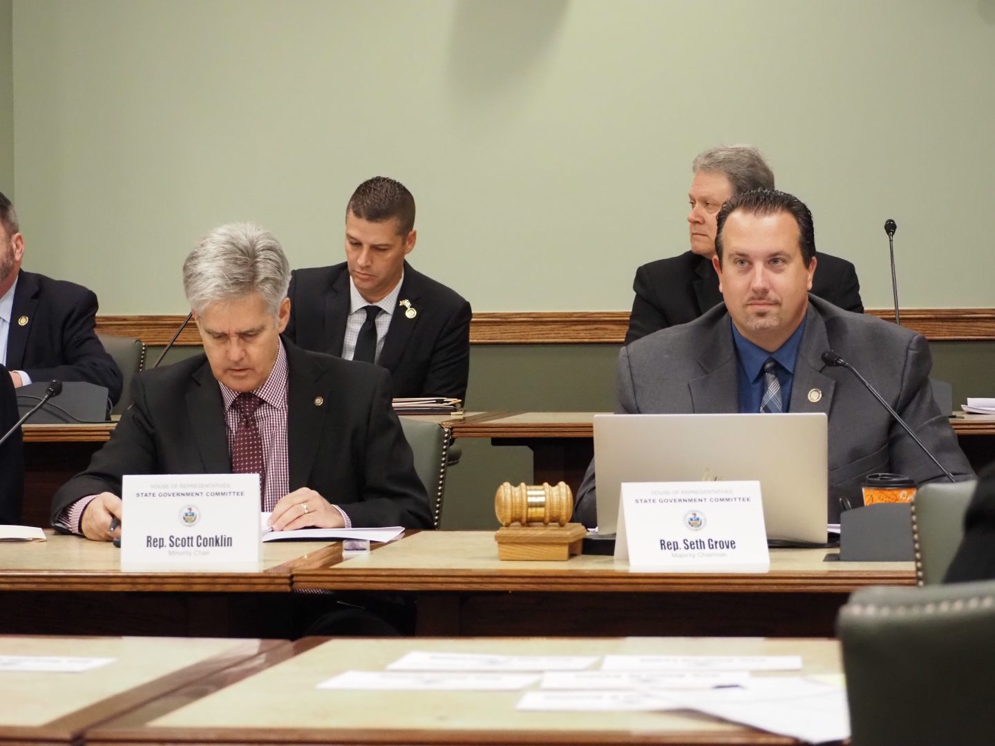 Reps. Seth Grove (R-York) and Scott Conklin (D-Centre) co-chair a meeting of the House State Government committee on Nov. 8, 2021. 