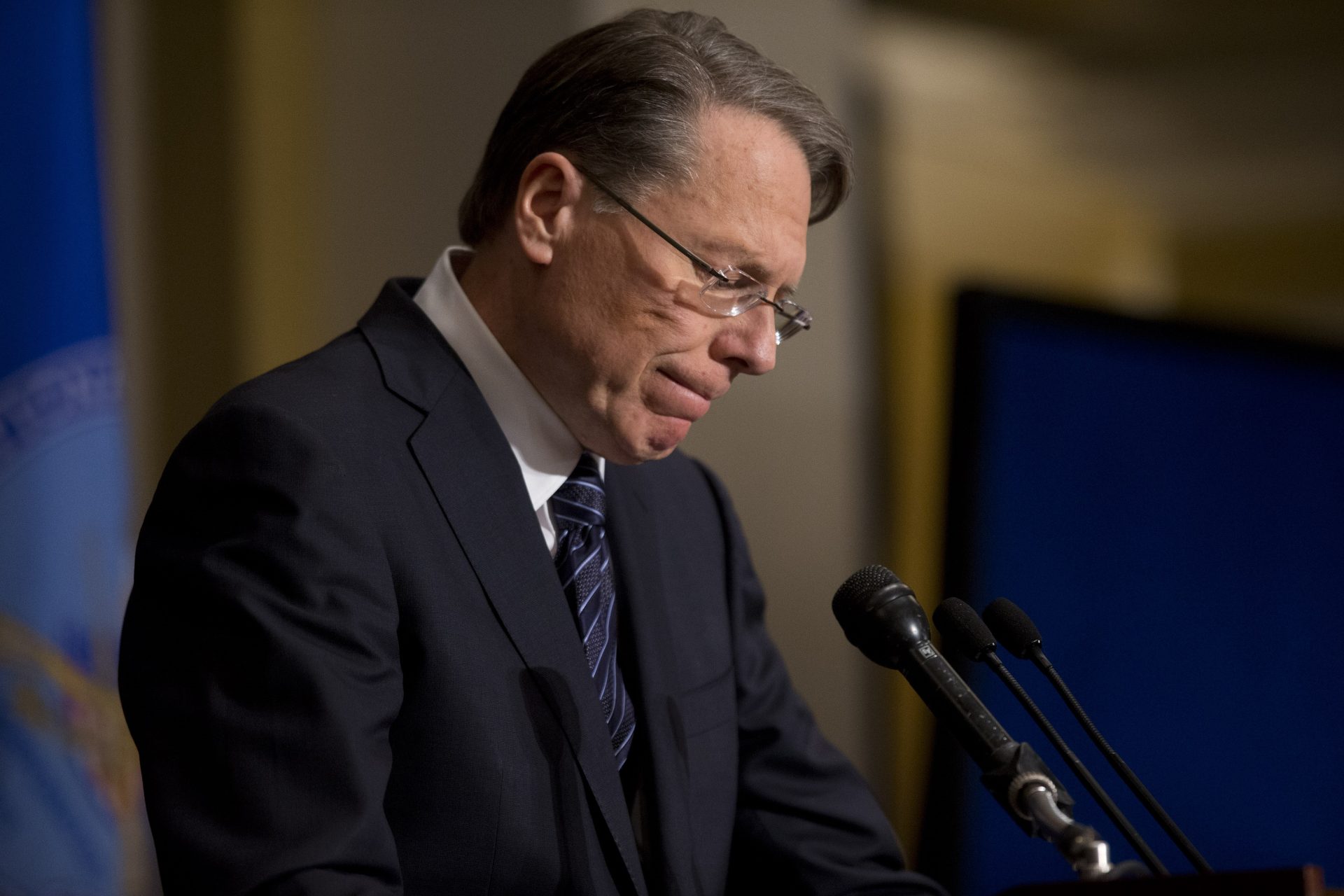 The National Rifle Association executive vice president Wayne LaPierre pauses as he makes a statement during a news conference in response to the Connecticut school shooting, on Friday, Dec. 21, 2012 in Washington. The National Rifle Association broke its silence Friday on last week's shooting rampage at a Connecticut elementary school that left 26 children and staff dead.