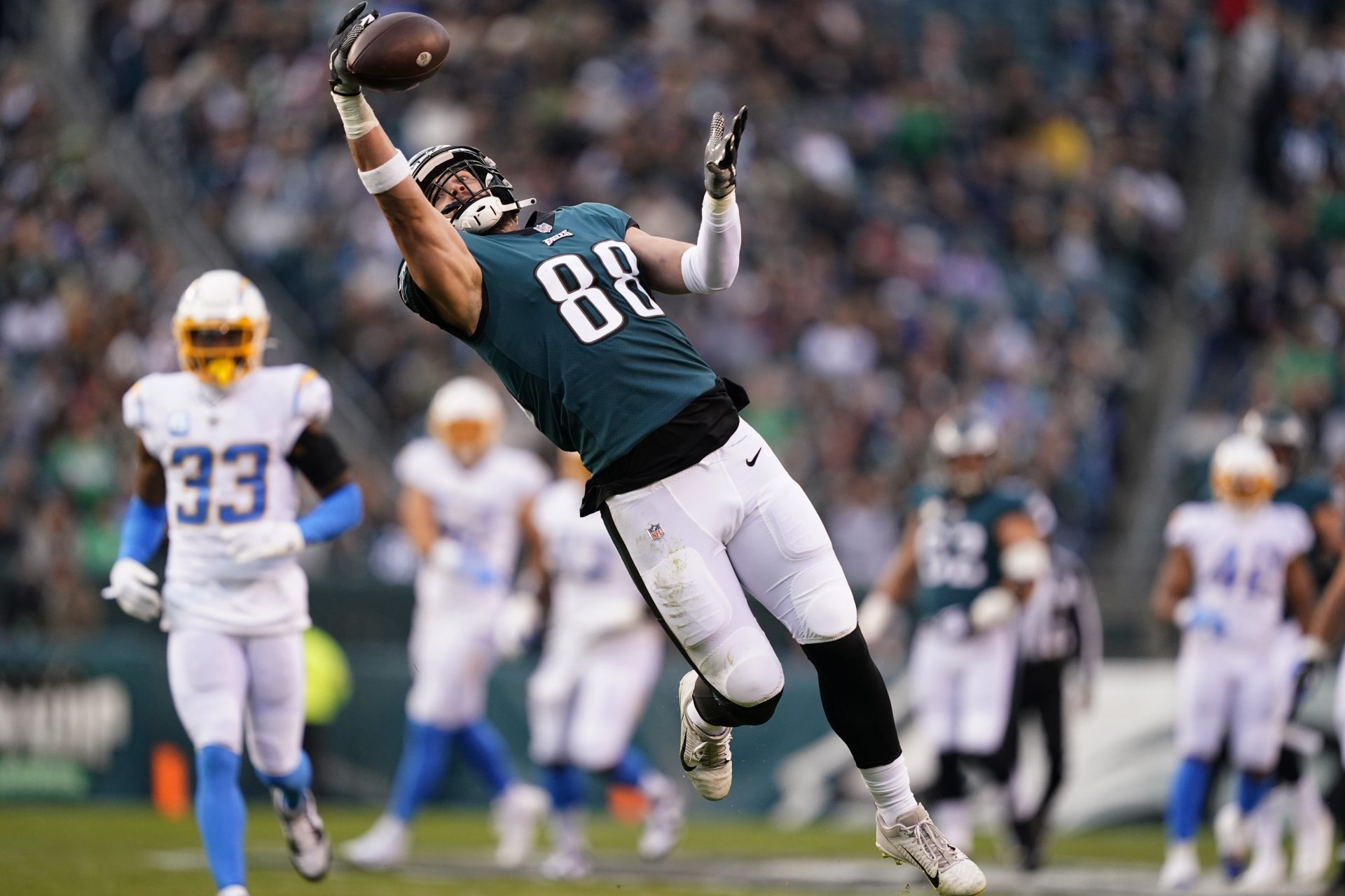 Philadelphia Eagles tight end Dallas Goedert (88) can't catch the ball during the first half of an NFL football game against the Los Angeles Chargers on Sunday, Nov. 7, 2021, in Philadelphia.