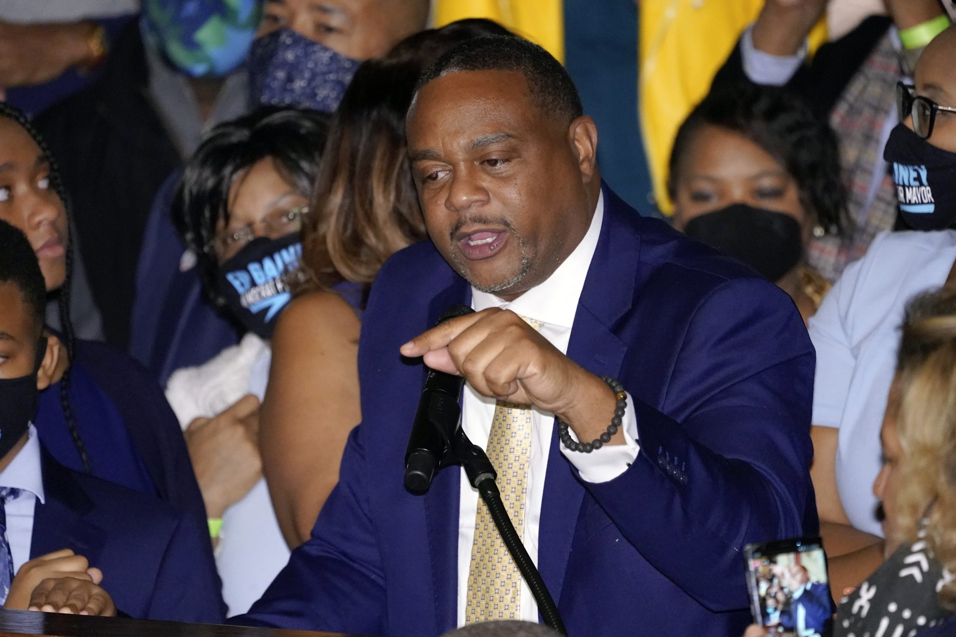 Ed Gainey speaks to supporters at the Benedum Center for the Performing Arts after winning the election for mayor of Pittsburgh during his election night returns watch party, Tuesday, Nov. 2, 2021, in Pittsburgh. Democrat Gainey beat Republican candidate Tony Moreno. Gainey will become the first Black mayor of Pittsburgh.