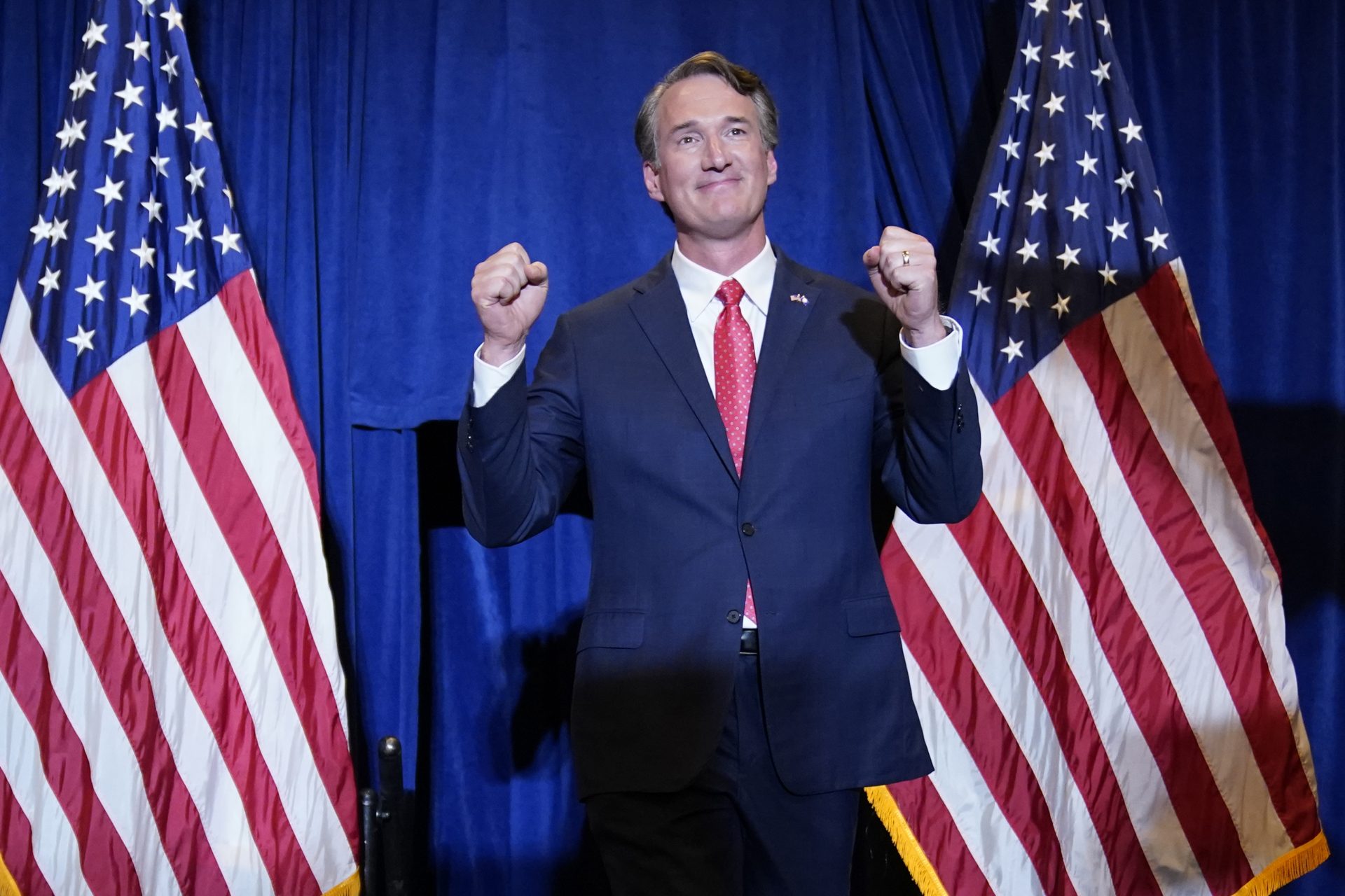 Virginia Gov.-elect Glenn Youngkin arrives to speak at an election night party in Chantilly, Va., early Wednesday, Nov. 3, 2021, after he defeated Democrat Terry McAuliffe.