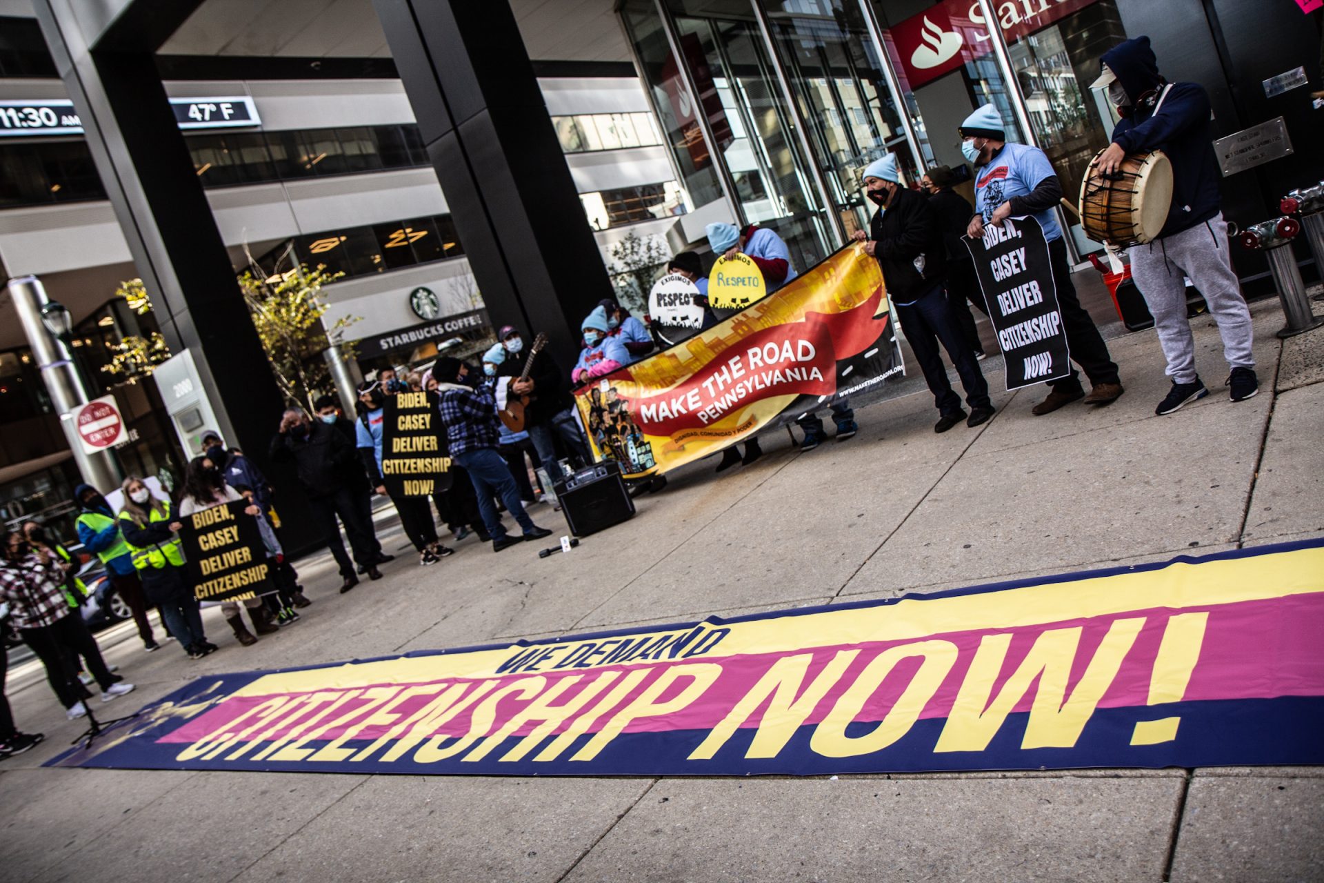 Protesters demand a path to citizenship gathered outside U.S. Sen. Bob Casey’s office in Center City Philadelphia on Nov. 4, 2021.