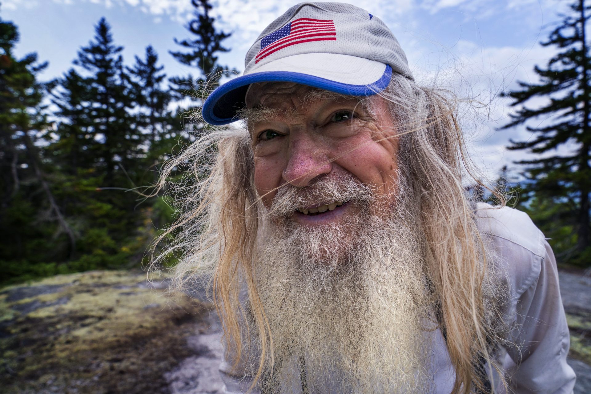 M.J. Eberhart, 83, arrives on the summit of Mount Hayes on the Appalachian Trail, Sunday, Sept. 12, 2021, in Gorham, New Hampshire.