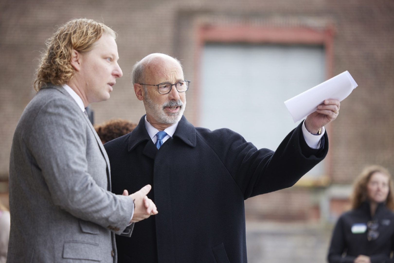 Pennsylvania Governor Tom Wolf speaking with Kevin Schreiber.Governor Tom Wolf will held a press conference to announce a major state investment in the Codorus Greenway project to improve the economy and quality of life in York City and the surrounding communities. The governor was joined by elected officials and community leaders.  York, PA - December 5, 2021