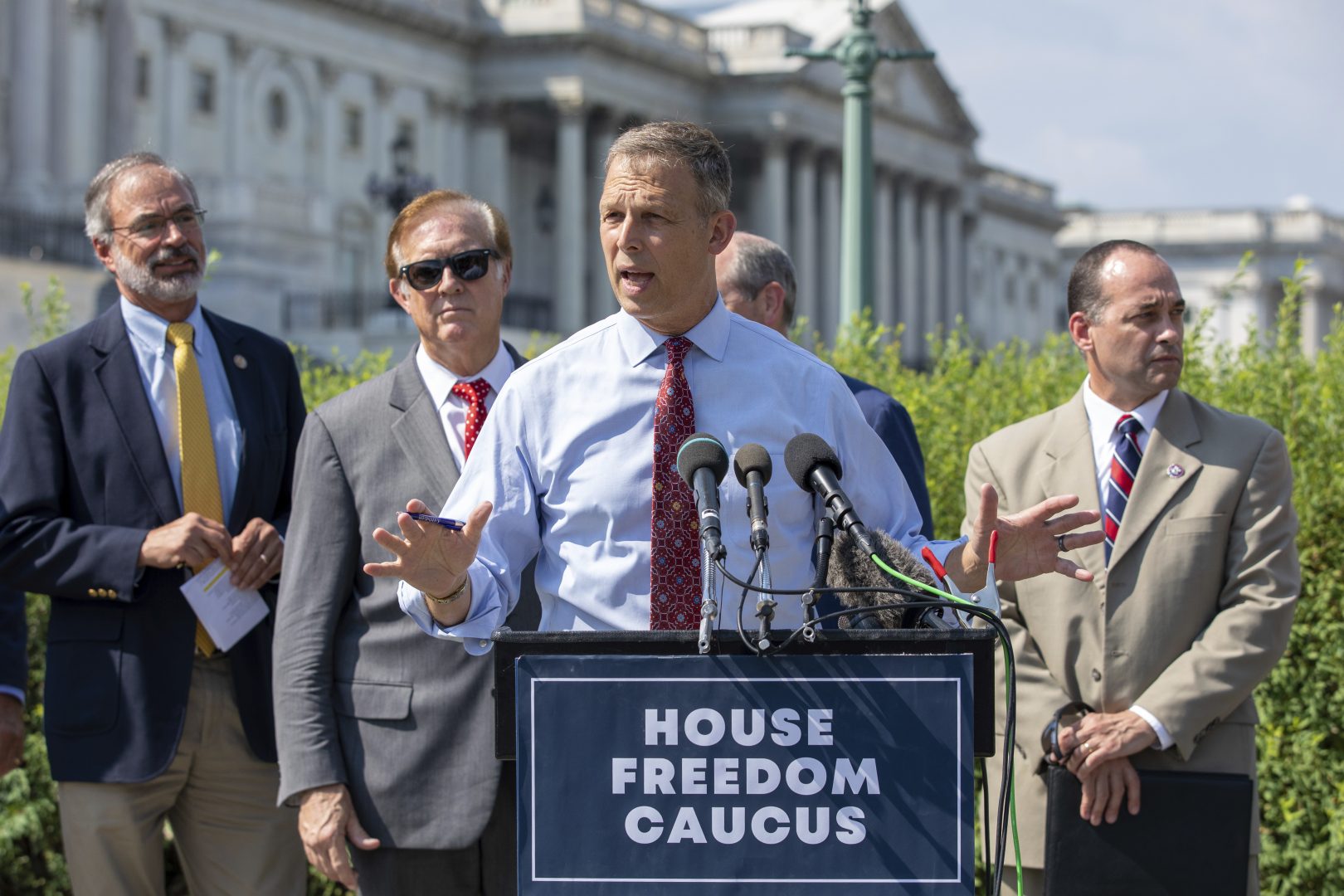 Rep. Scott Perry, R-Pa., discusses the infrastructure bill making its way through congress during a news conference held by the House Freedom Caucus on Capitol Hill in Washington, Monday, Aug. 23, 2021. 
