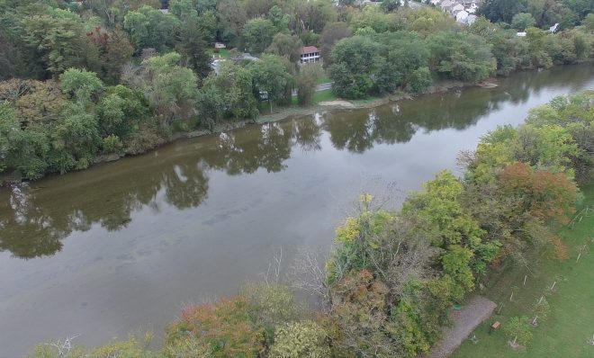 This view of the Conodoguinet Creek outside Harrisburg shows the shoreline close to homes. Climate change is predicted to bring more frequent and heavier rains, which means a rising creek could threaten nearby roads and homes.