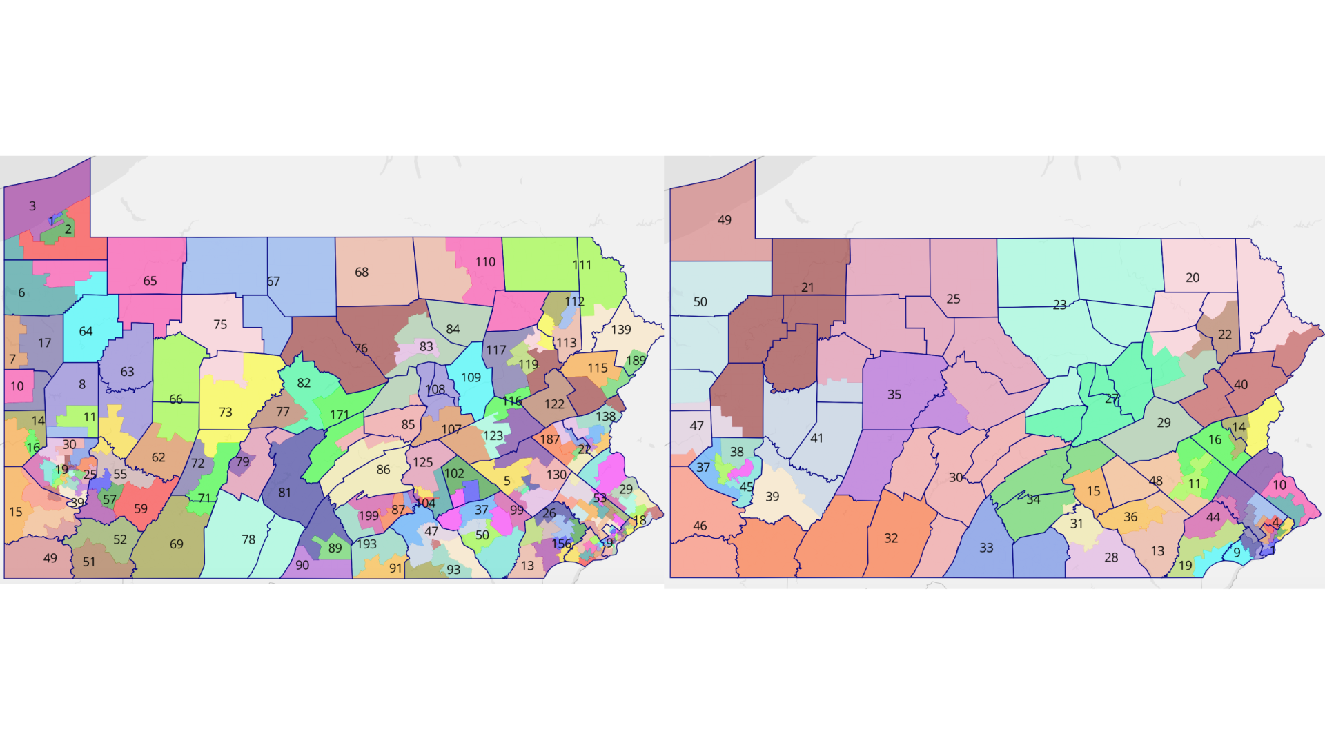 The LRC's proposed state legislative maps, approved at a Dec. 16, 2021 meeting, side-by-side.
