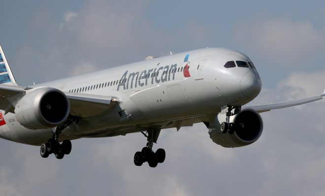MIAMI, FLORIDA - DECEMBER 10: An American Airlines Boeing 787-9 Dreamliner approaches for a landing at the Miami International Airport on December 10, 2021 in Miami, Florida. 