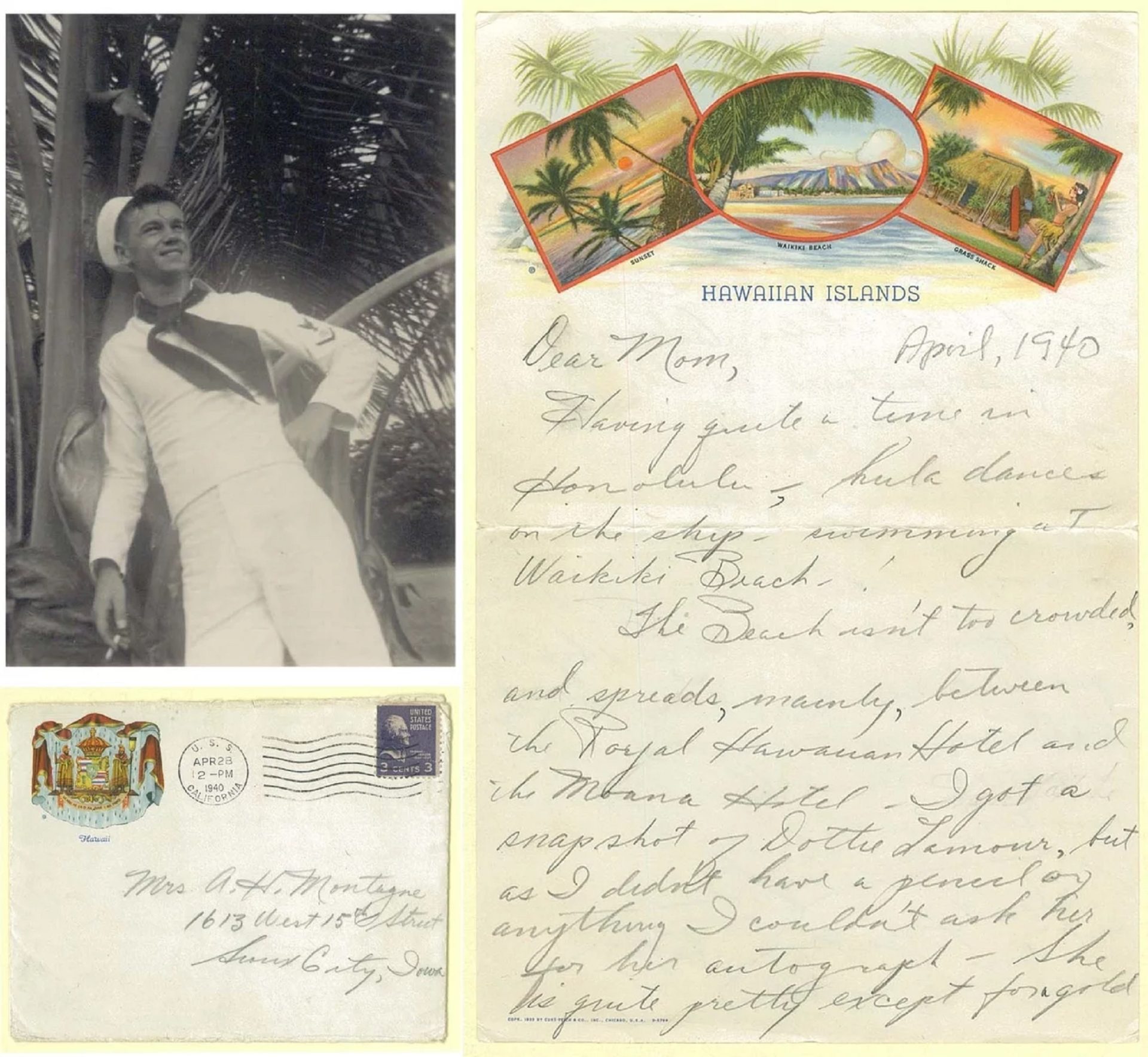Bud in Honolulu in 1940, and his letter to his mom in April, 1940.