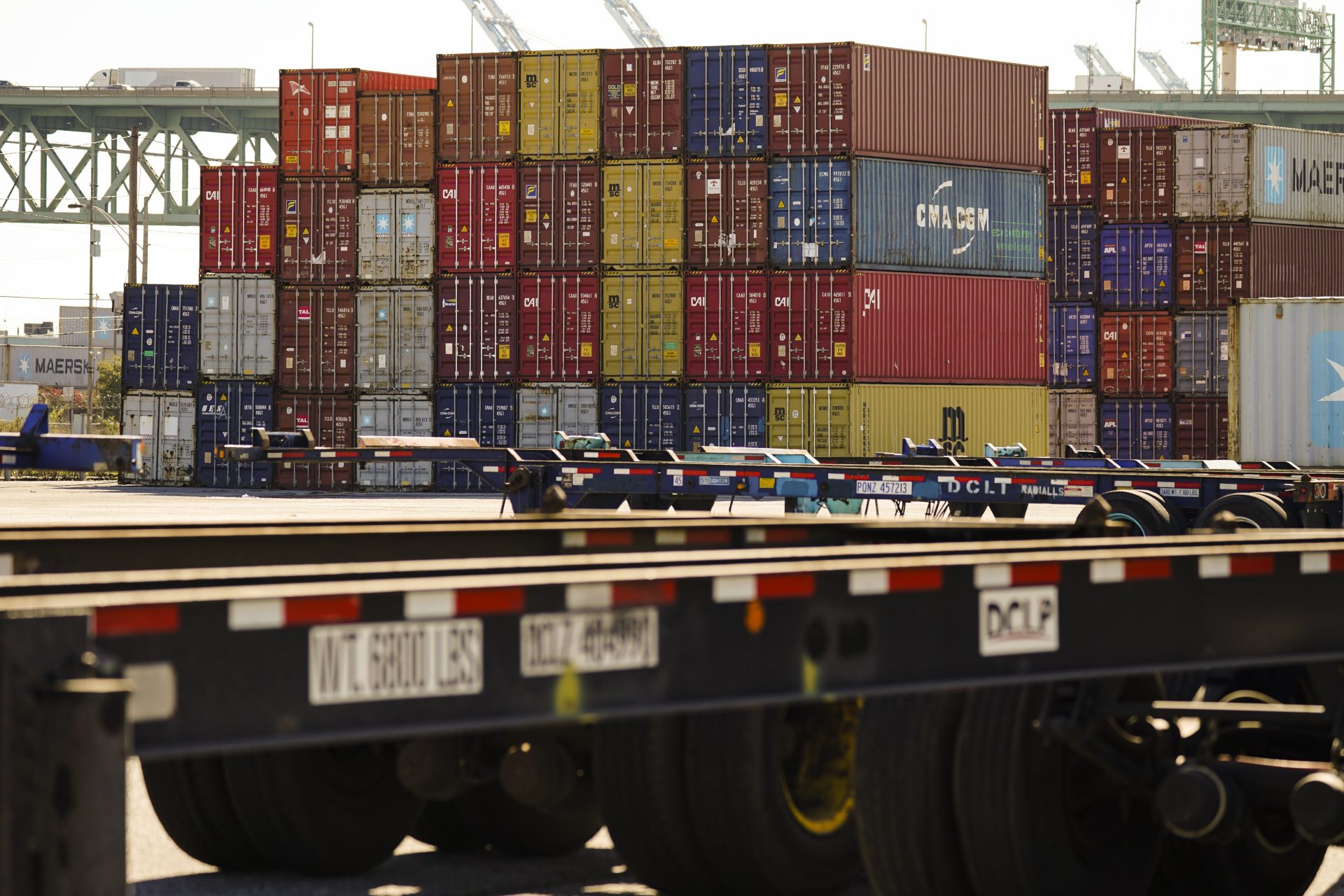 Shipping containers are stacked at Port of Philadelphia, Thursday, Oct. 28, 2021.